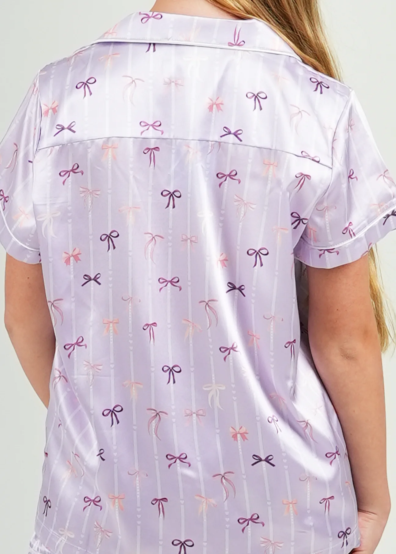 Girls - Lilac Ballet Bows Satin Short Pajama Set - Image 3