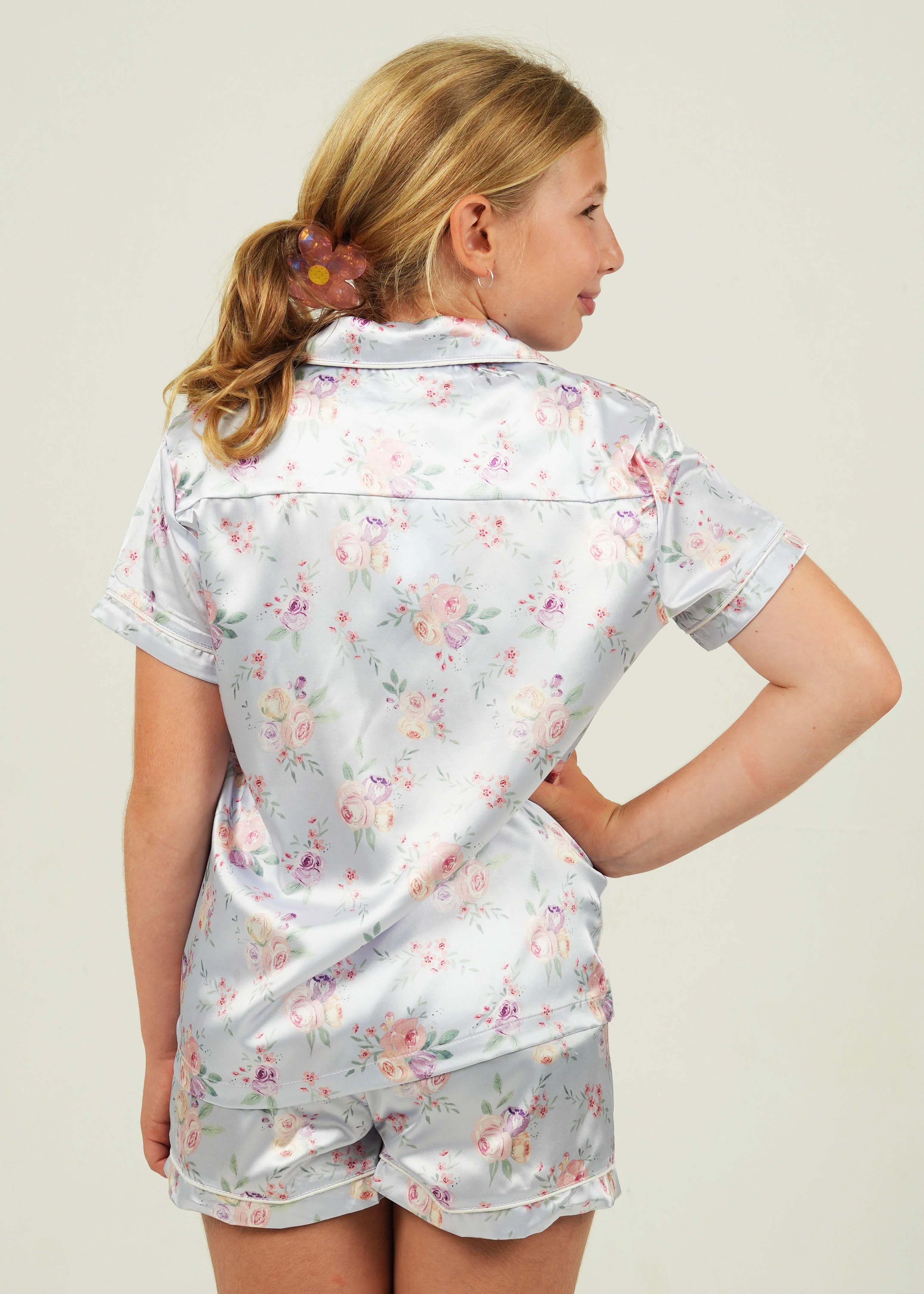 Girls Lilac Blossom Satin Short Pajama Set - Image 3