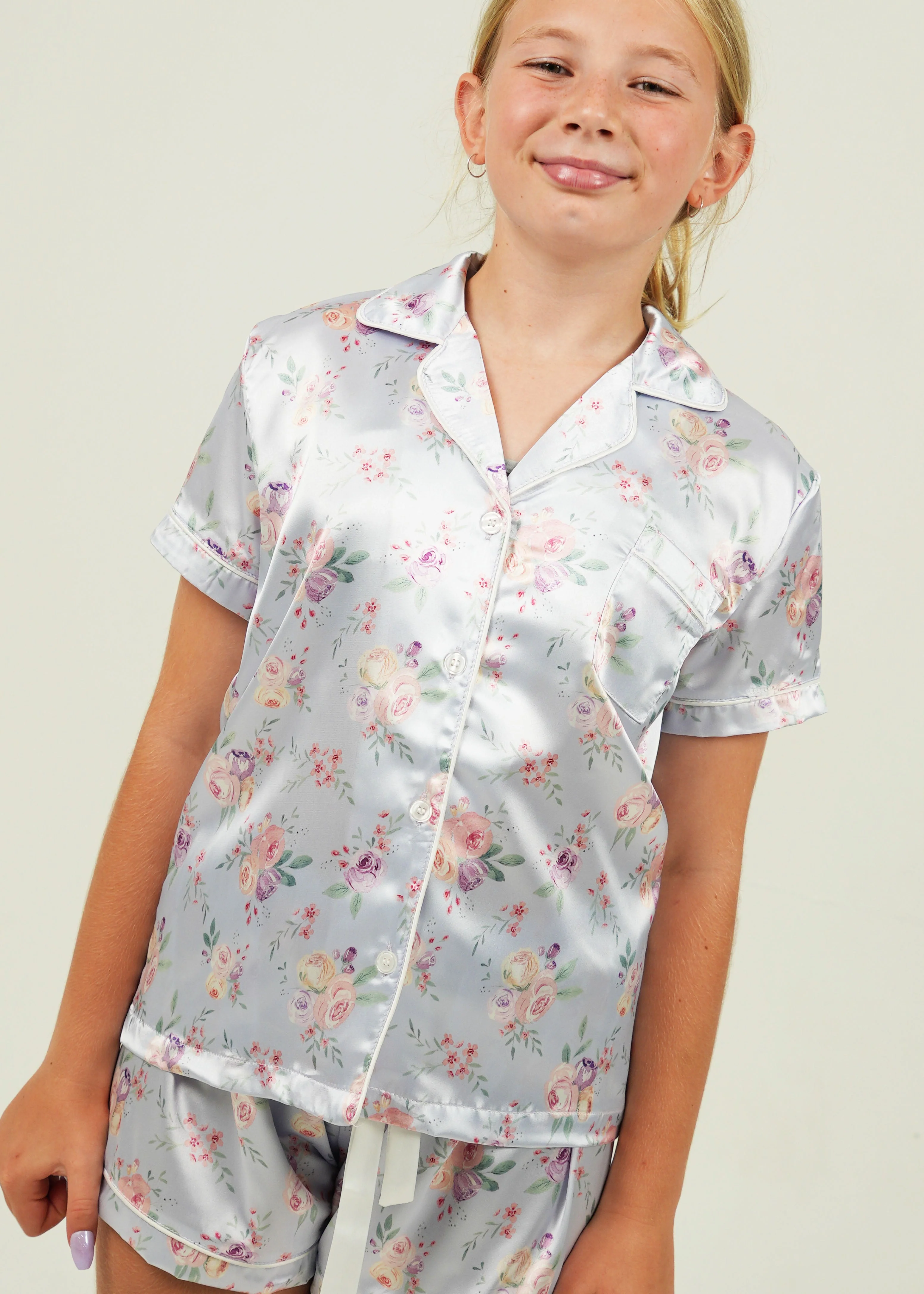 Girls Lilac Blossom Satin Short Pajama Set - Image 4