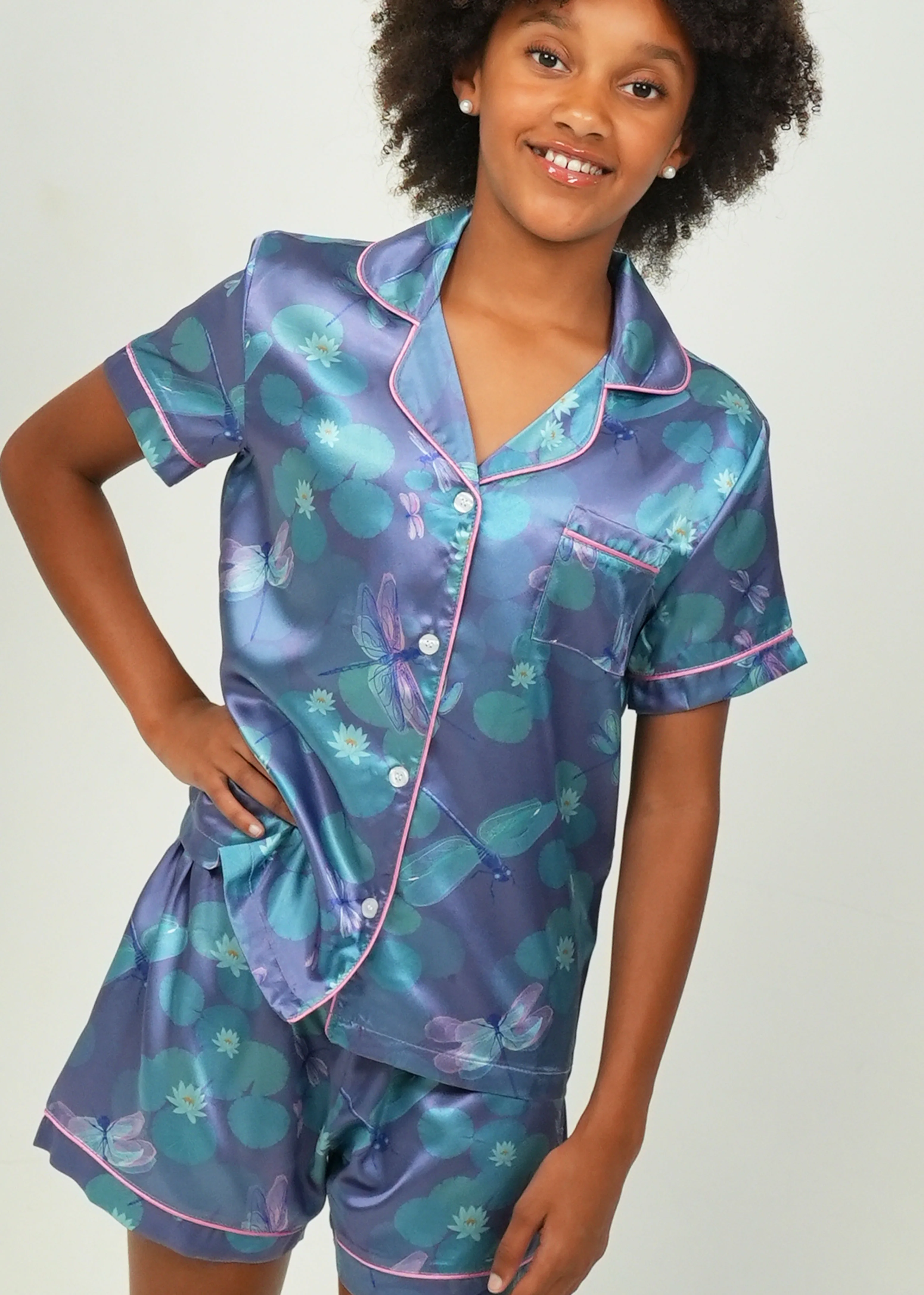 Girls - Lilypad Dragonflies Short Satin PJ Set - Image 3
