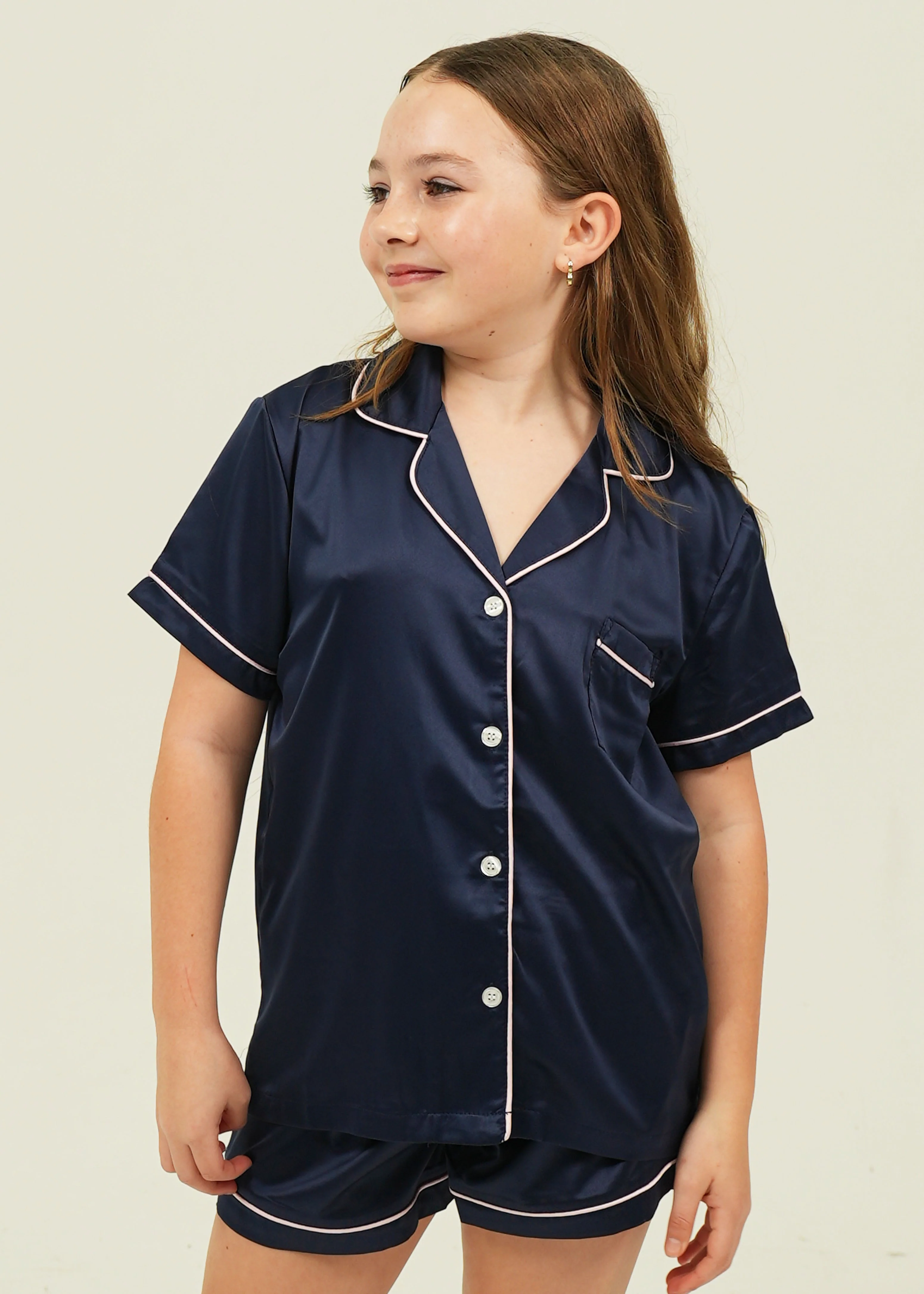 Girls Navy Matte Satin Short Pajama Set - Image 3