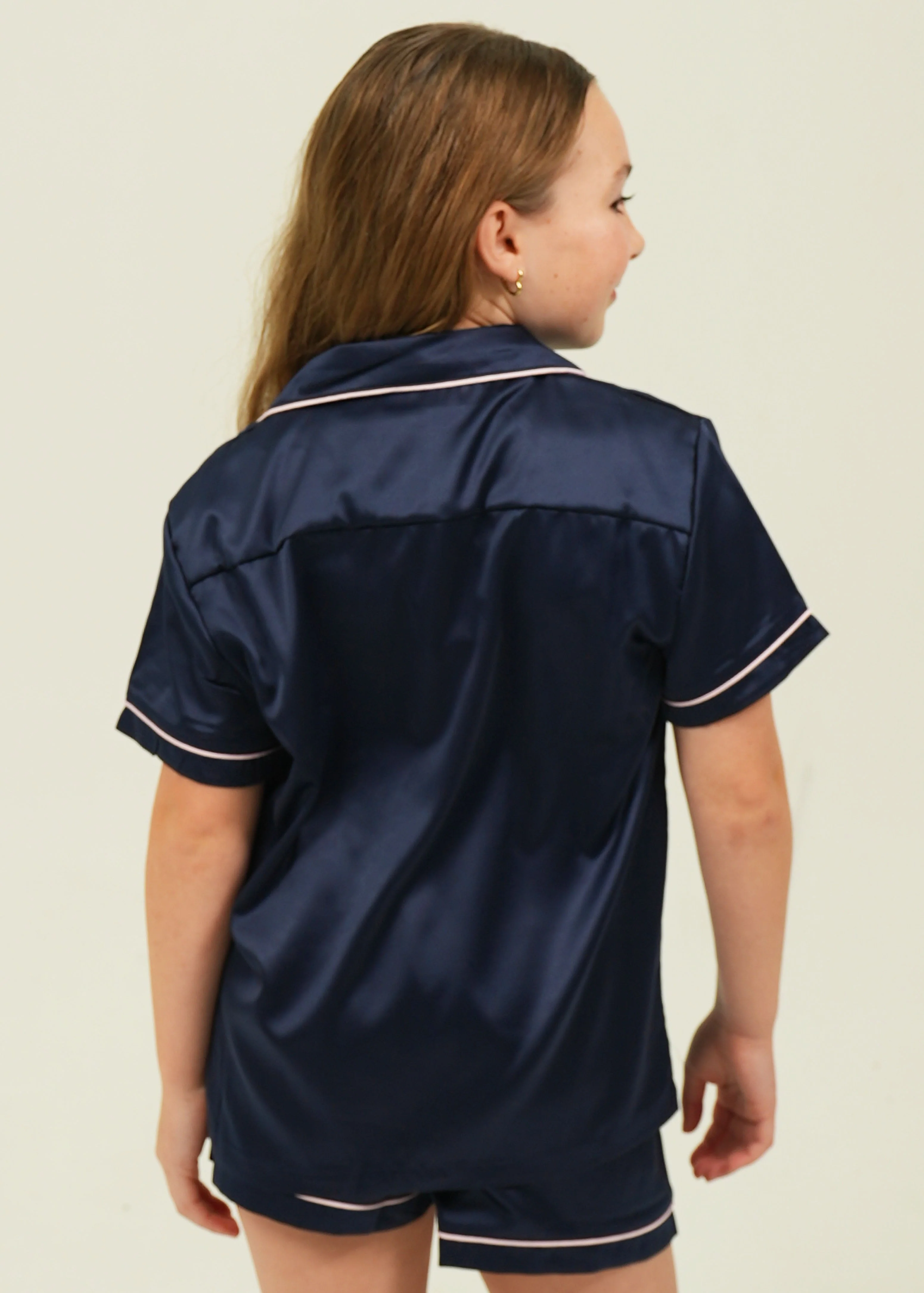 Girls Navy Matte Satin Short Pajama Set - Image 4
