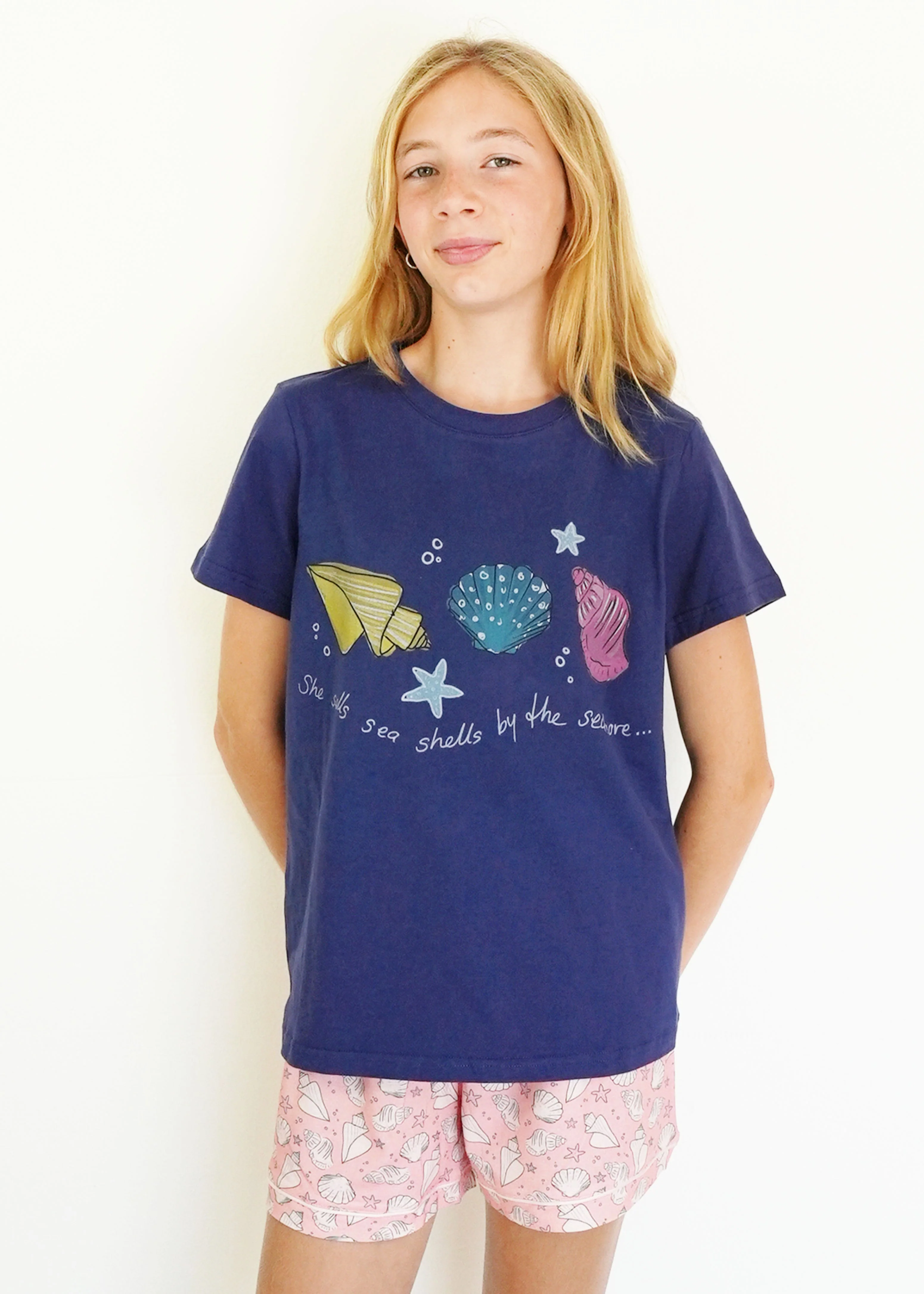 Girls - Navy Seashells T-Shirt & Shorts PJ Set - Image 3
