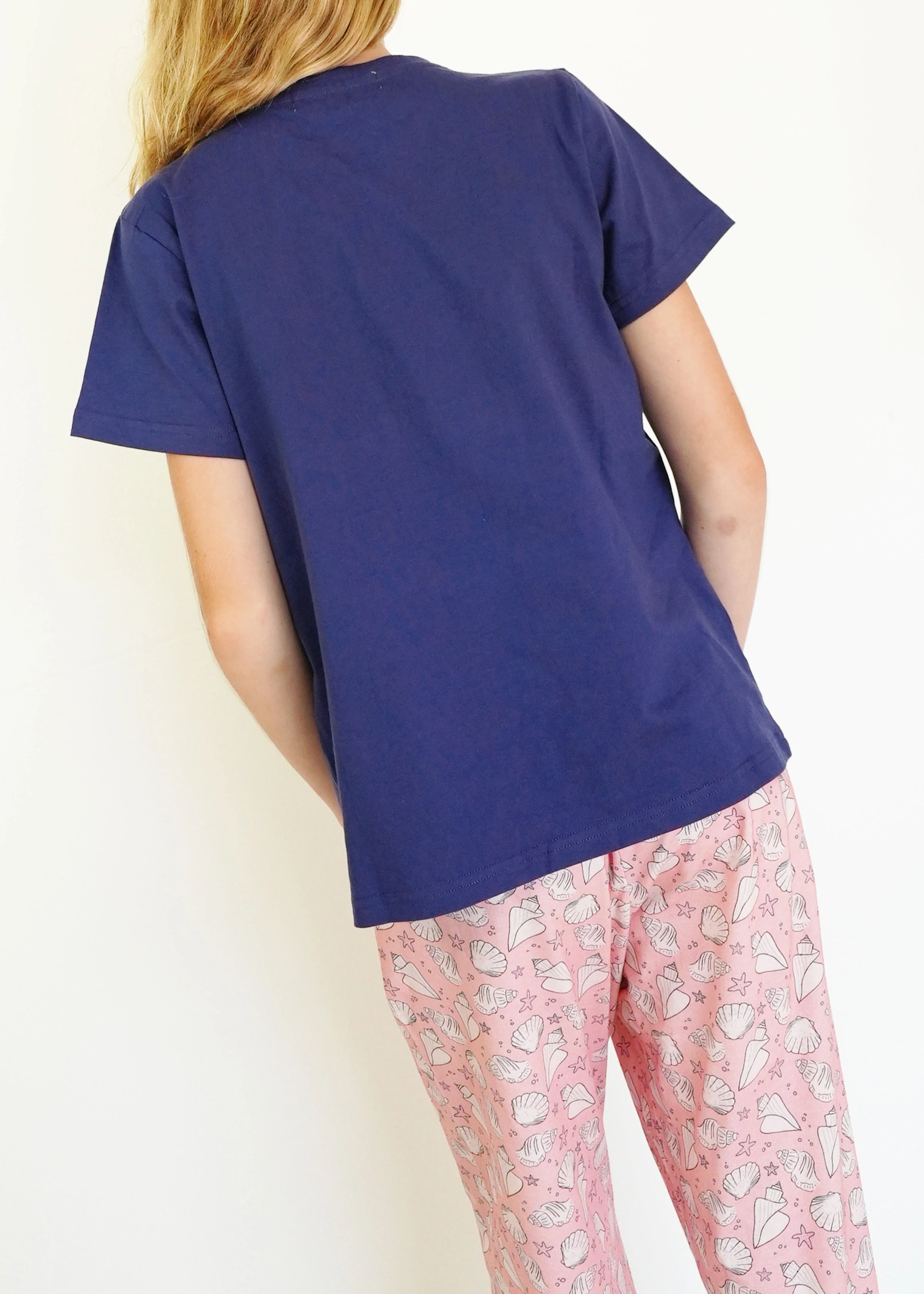 Girls - Navy Seashells T-Shirt & Long Pants PJ Set - Image 4