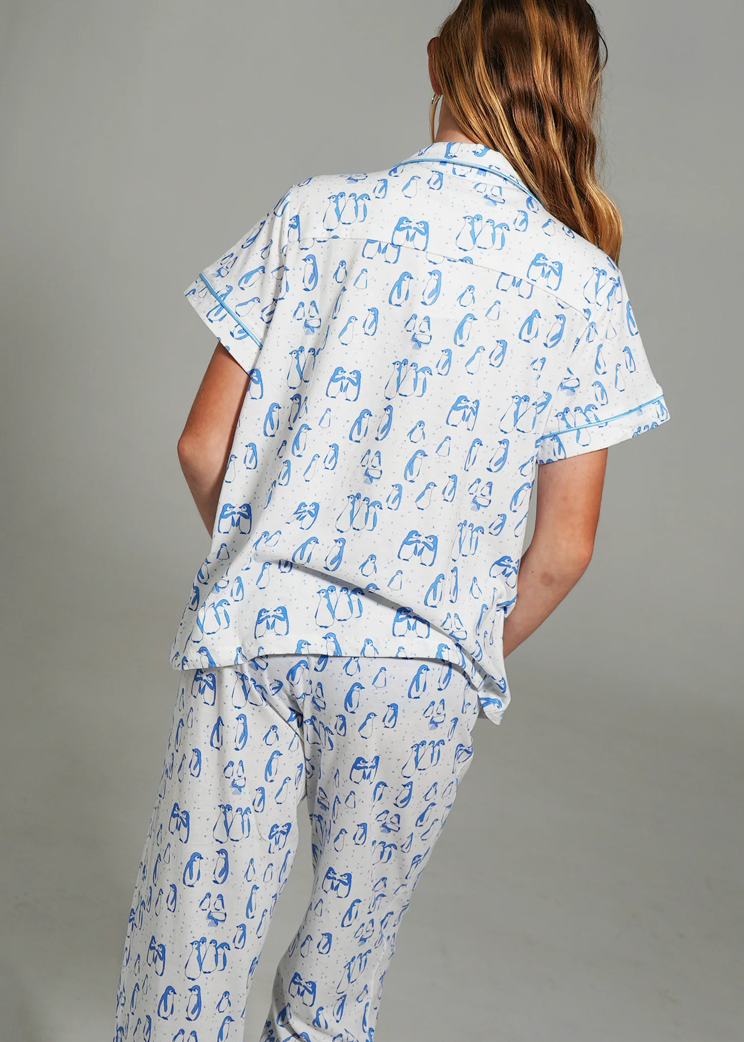 Girls - Penguin Pals Jersey Knit Cotton Short Top / Long Pants PJ Set - Image 4