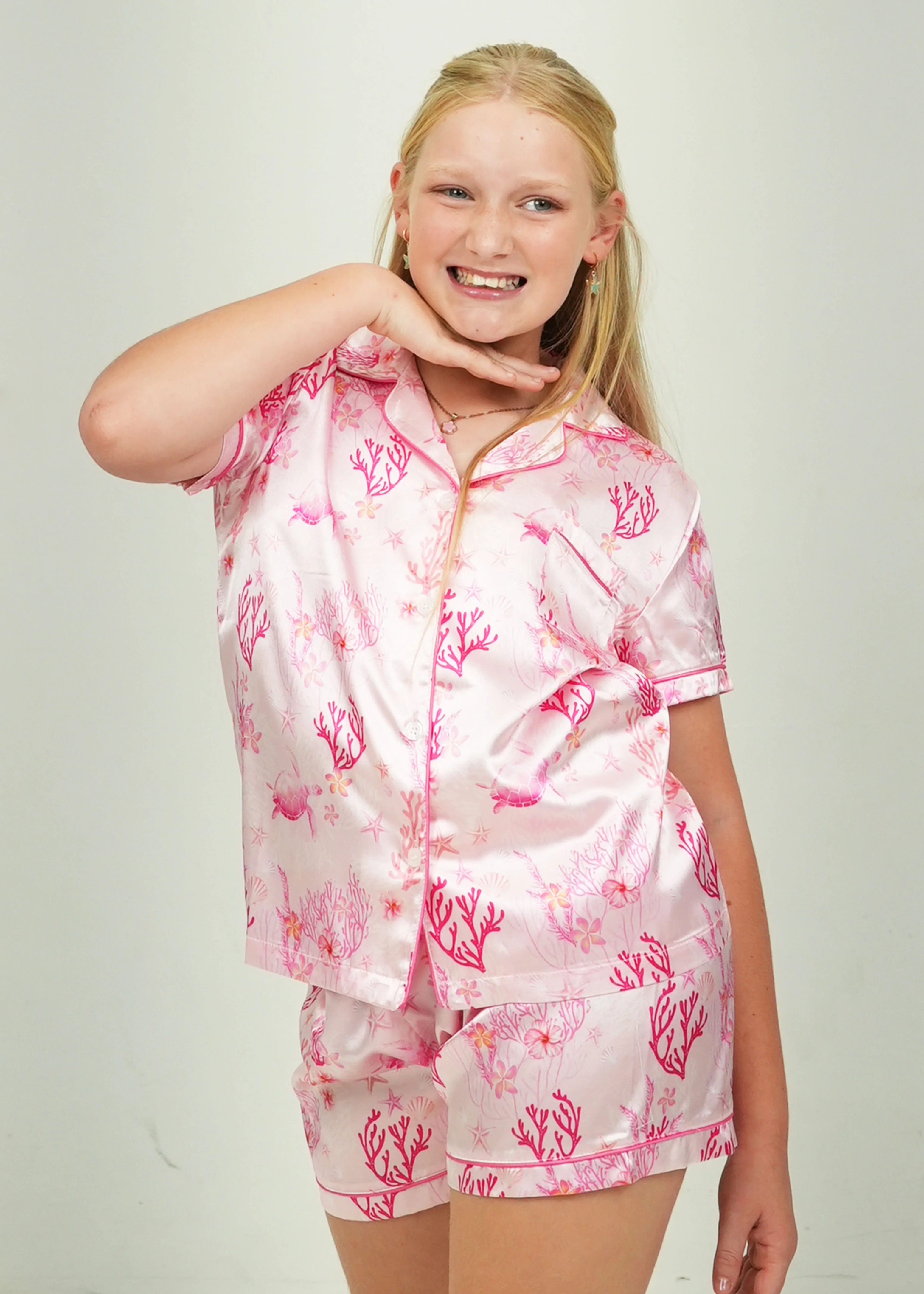 Girls - Pink Coral Garden Satin Short PJ Set - Image 4