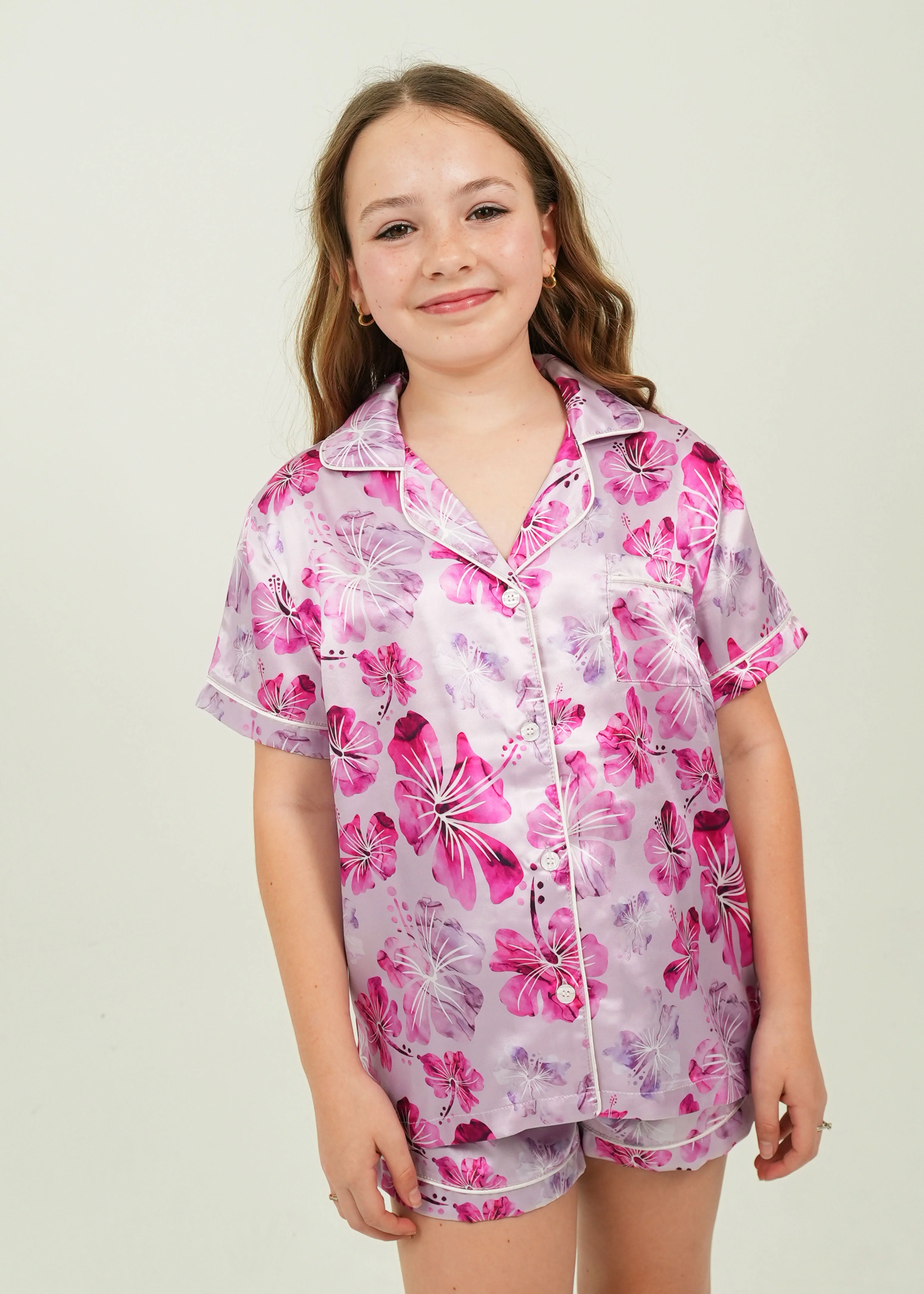 Girls Pink Hibiscus Satin Short Pajama Set