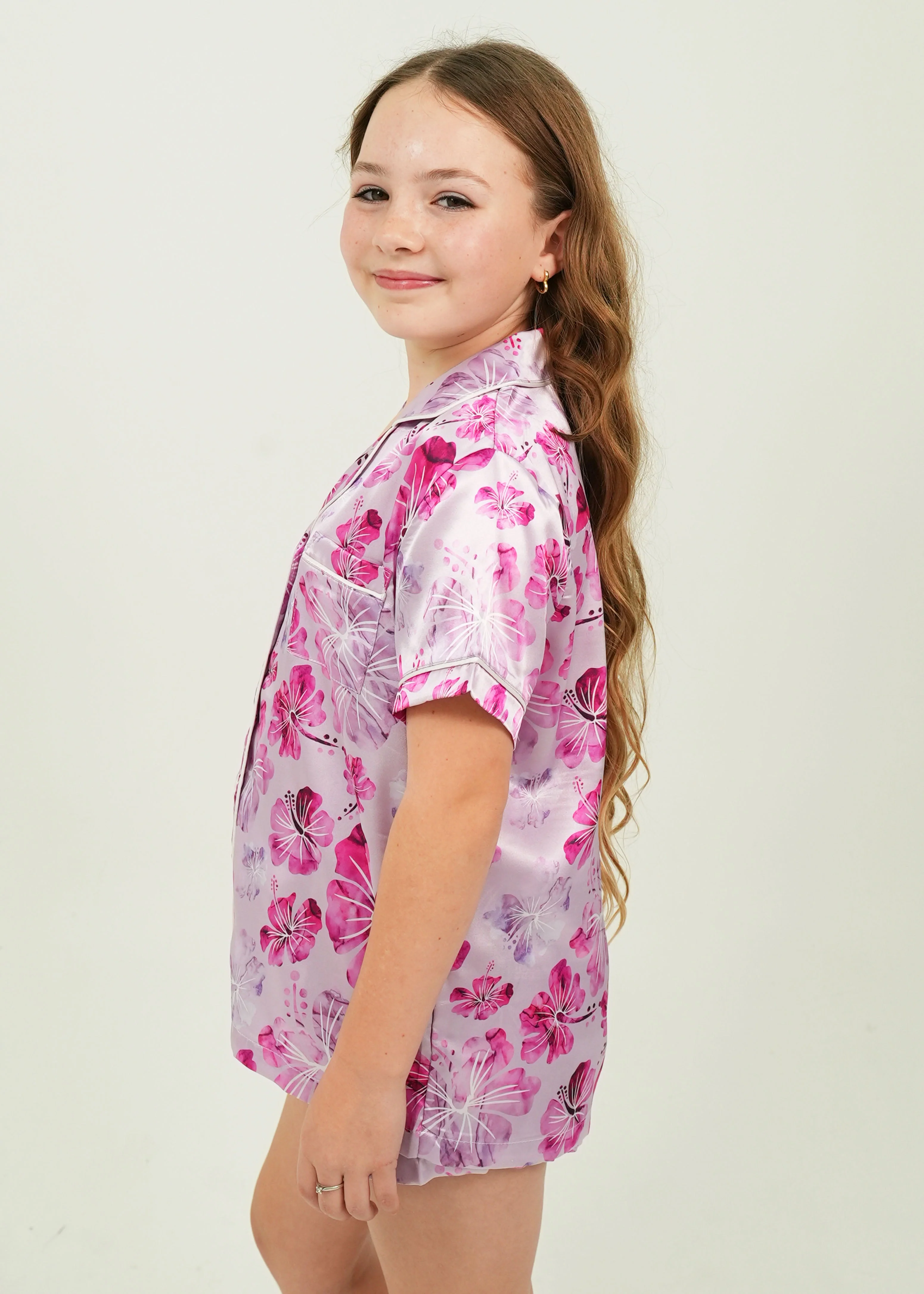 Girls Pink Hibiscus Satin Short Pajama Set - Image 2