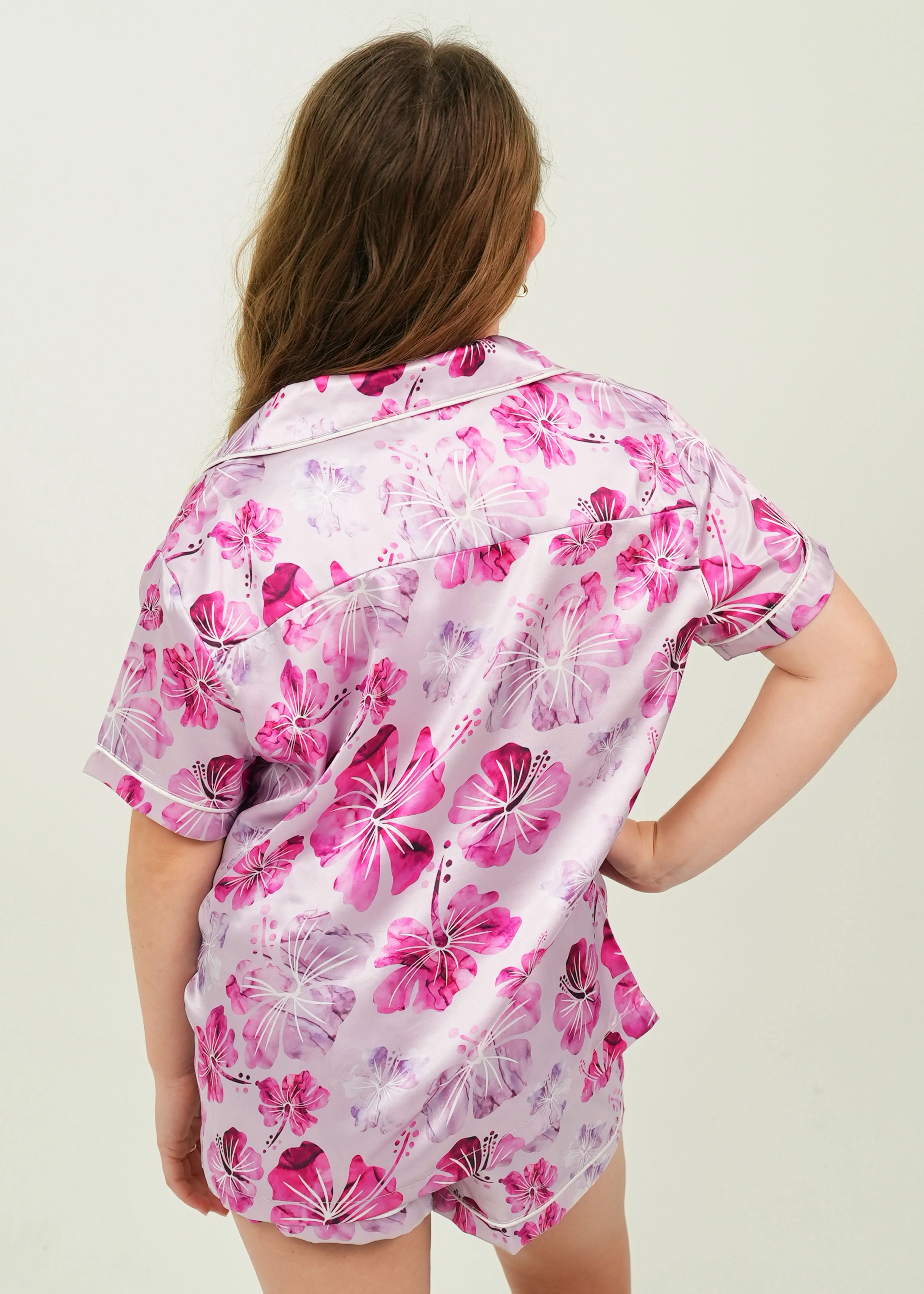 Girls Pink Hibiscus Satin Short Pajama Set - Image 3