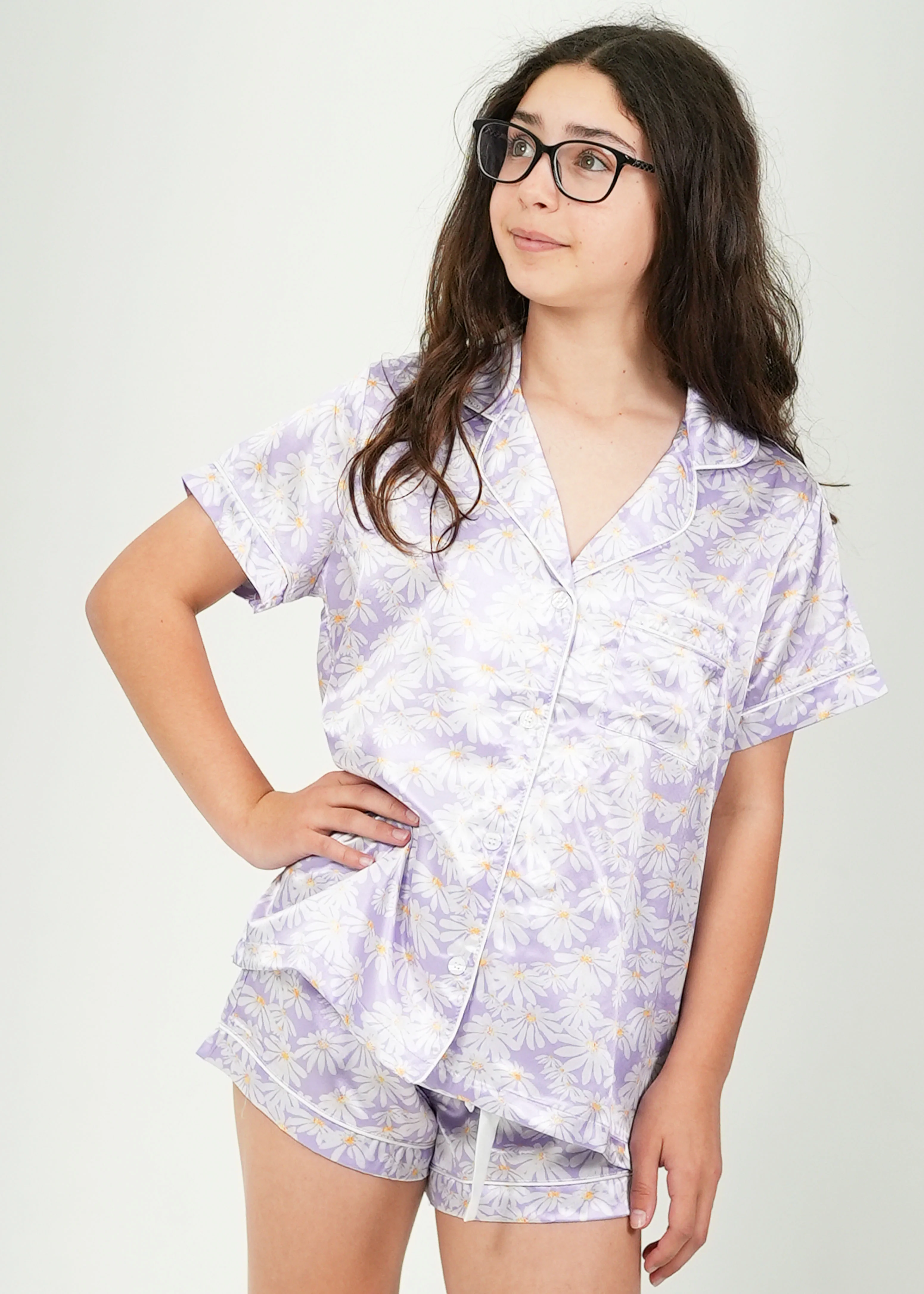 Girls Purple Daisy Satin Short Pajama Set