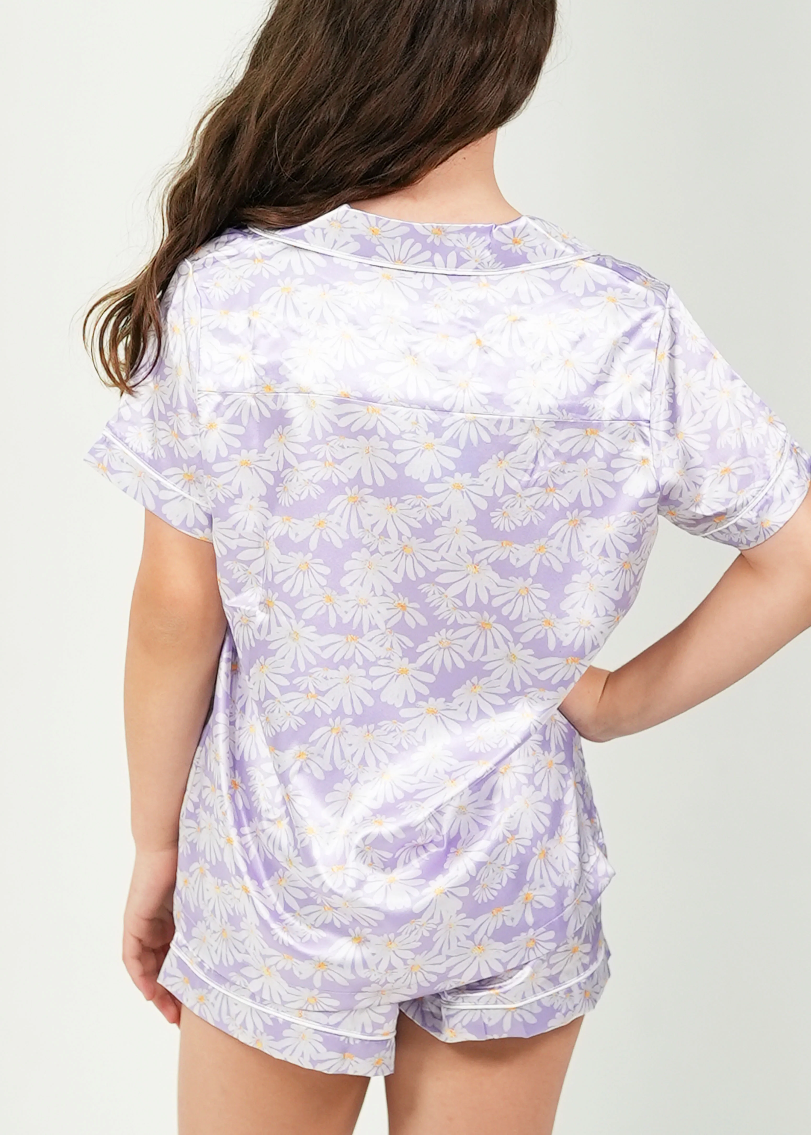 Girls Purple Daisy Satin Short Pajama Set - Image 4