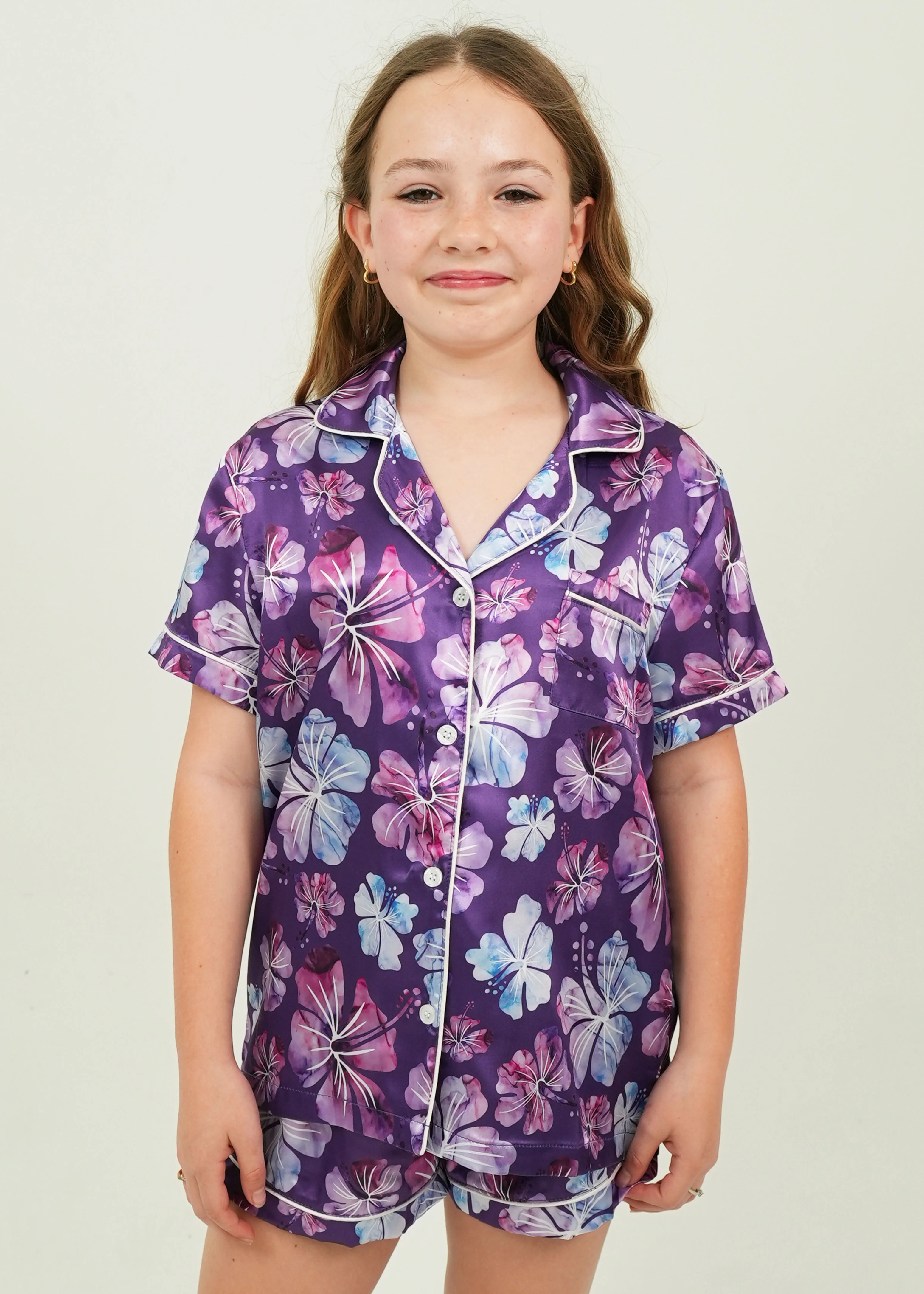 Girls Purple Hibiscus Satin Short Pajama Set - Image 3