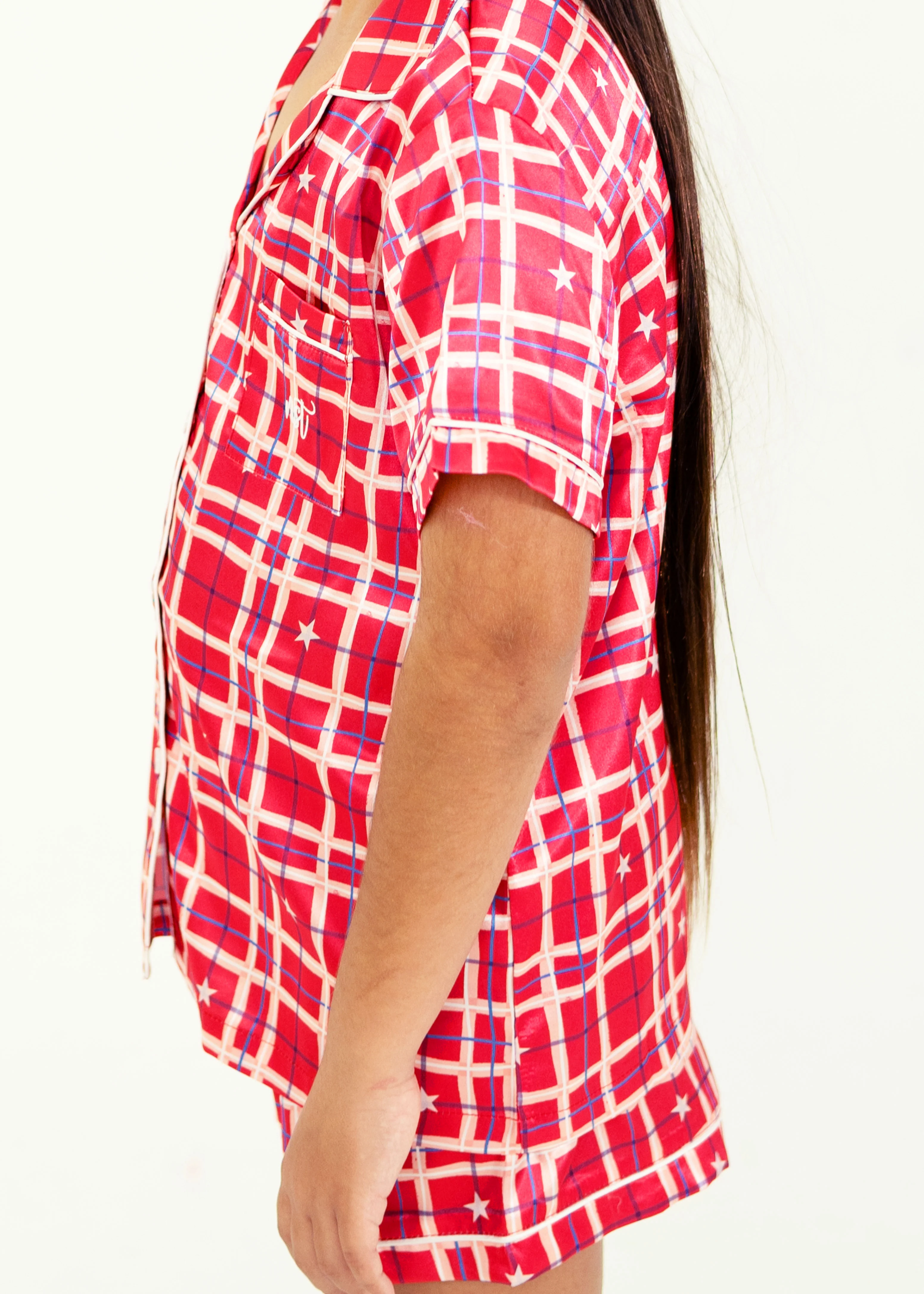 Girls - Red Starry Tartan Satin Short PJ Set - Image 3