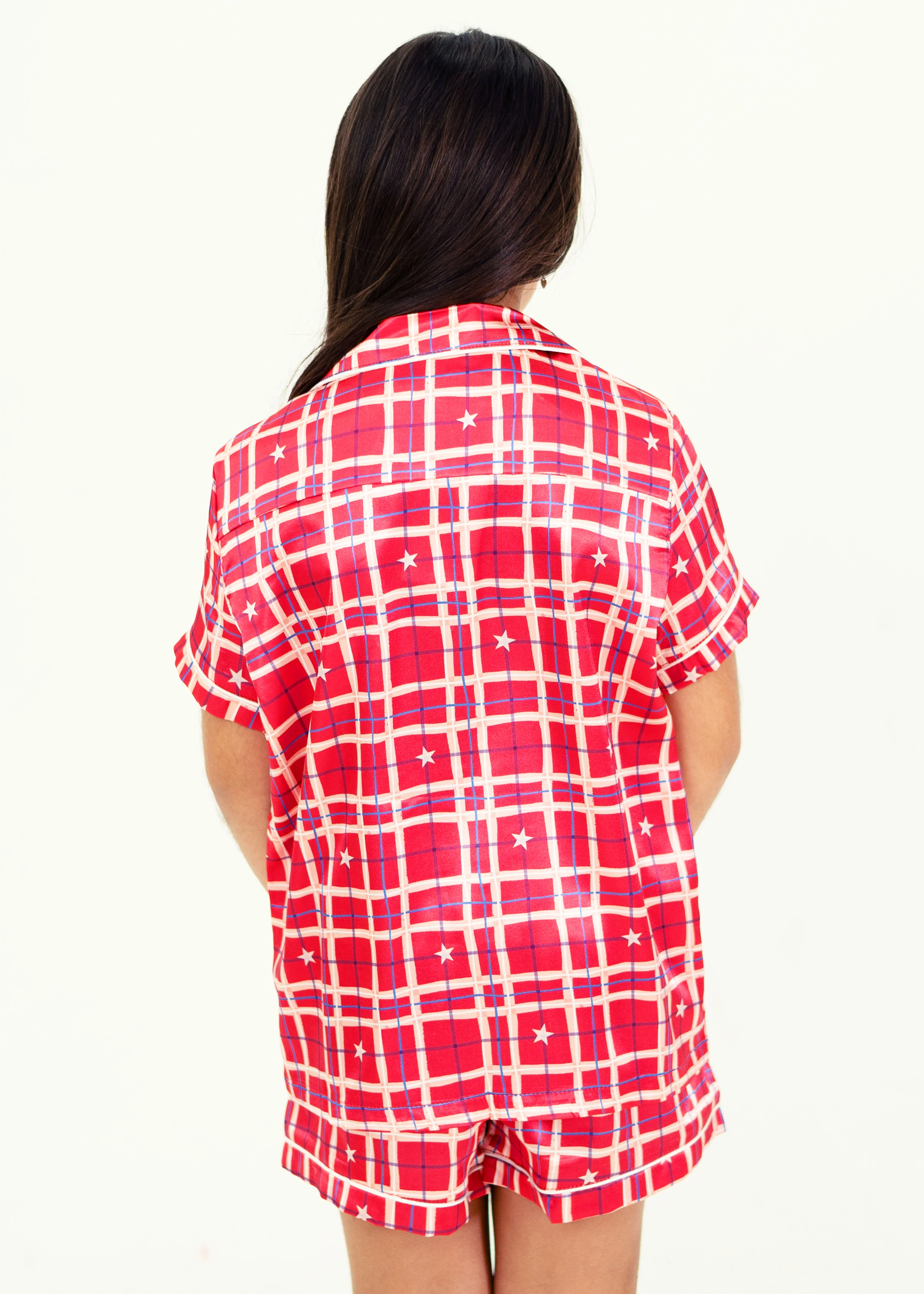 Girls - Red Starry Tartan Satin Short PJ Set - Image 4