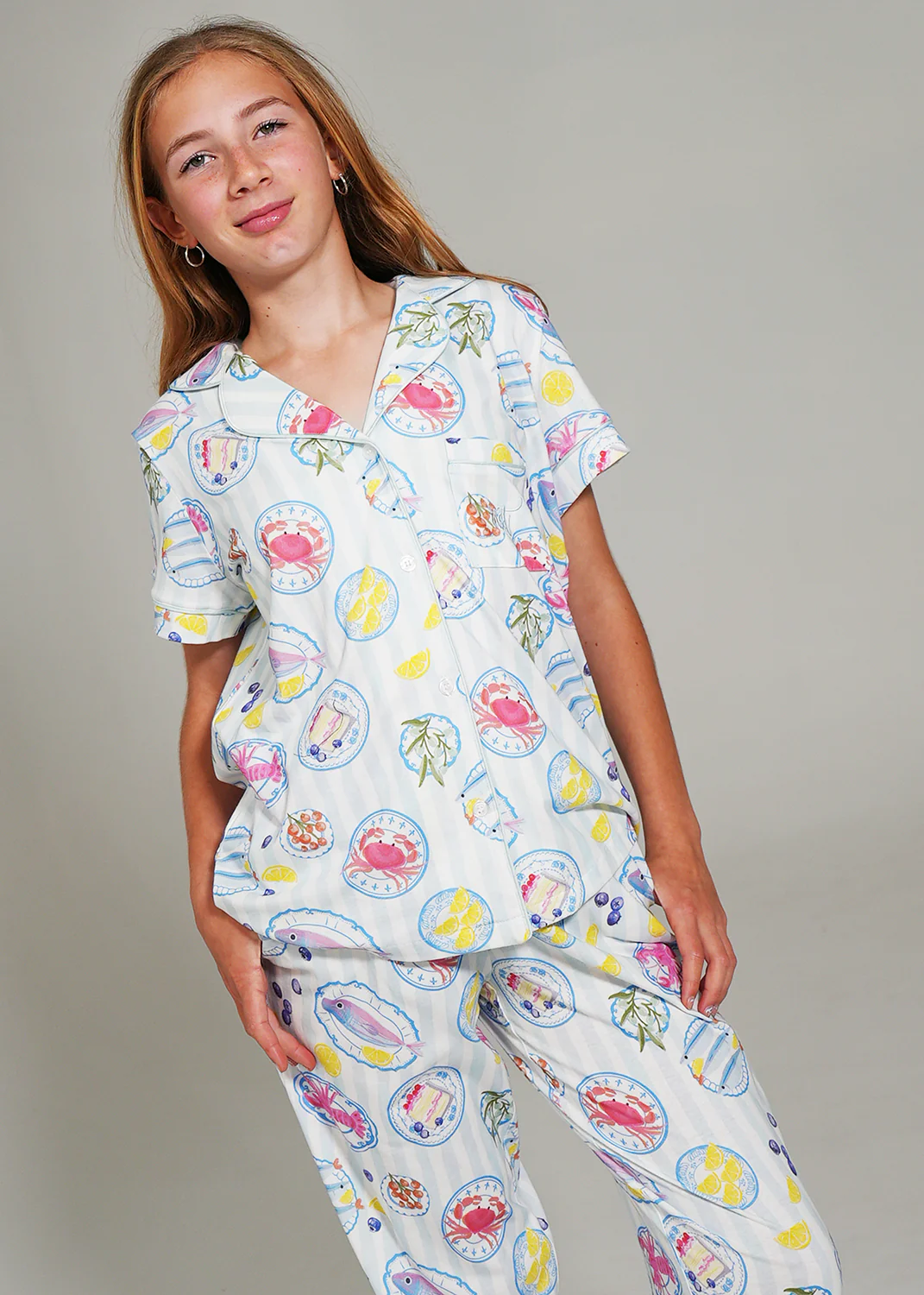 Girls - Seaside Picnic Jersey Knit Cotton Short Top / Long Pants PJ Set
