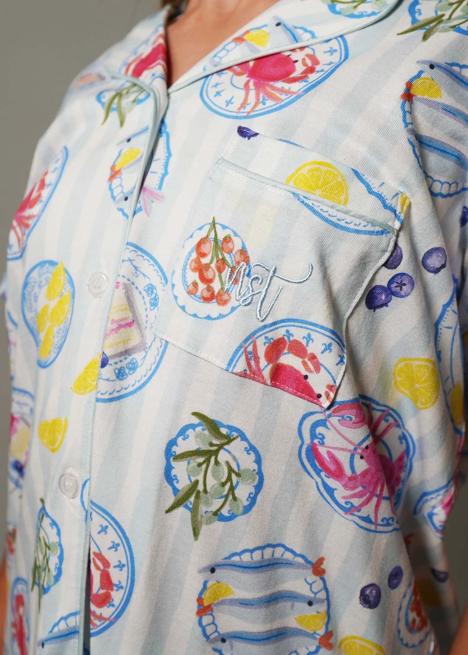 Girls - Seaside Picnic Jersey Knit Cotton Short Top / Long Pants PJ Set - Image 2