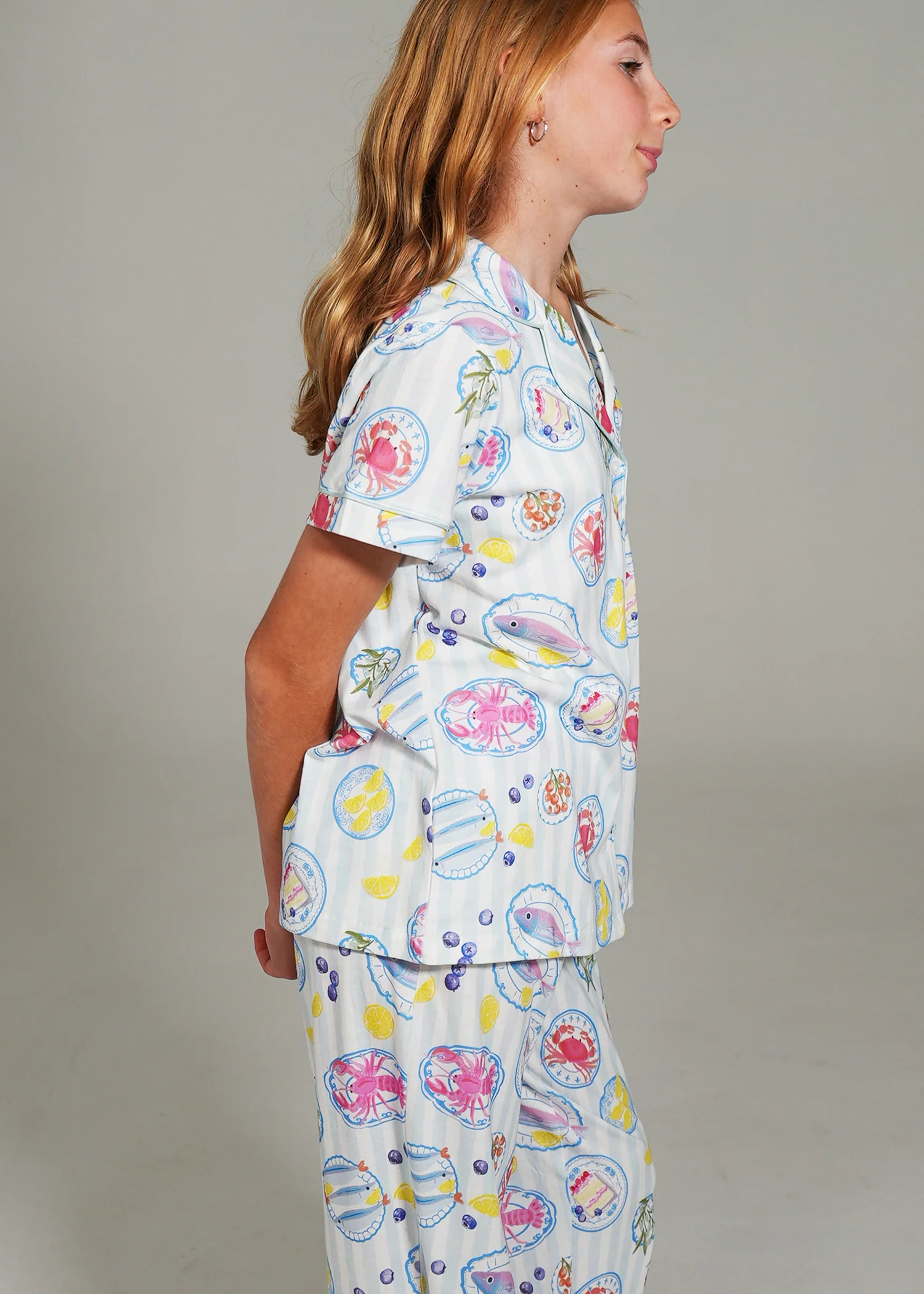 Girls - Seaside Picnic Jersey Knit Cotton Short Top / Long Pants PJ Set - Image 3
