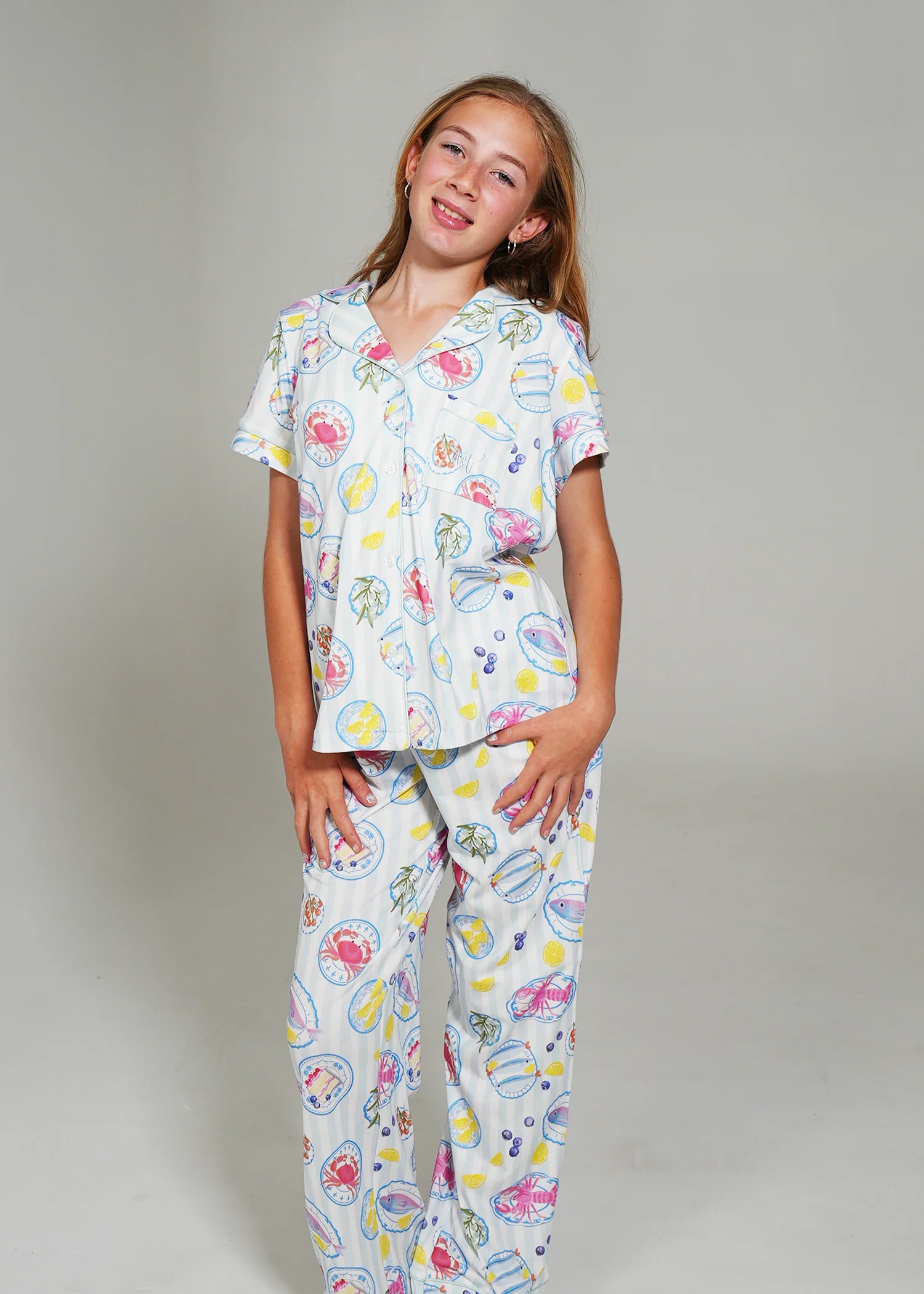 Girls - Seaside Picnic Jersey Knit Cotton Short Top / Long Pants PJ Set - Image 4