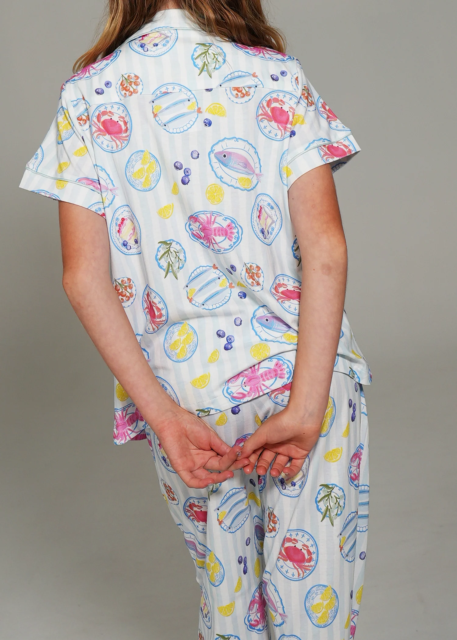 Girls - Seaside Picnic Jersey Knit Cotton Short Top / Long Pants PJ Set - Image 5