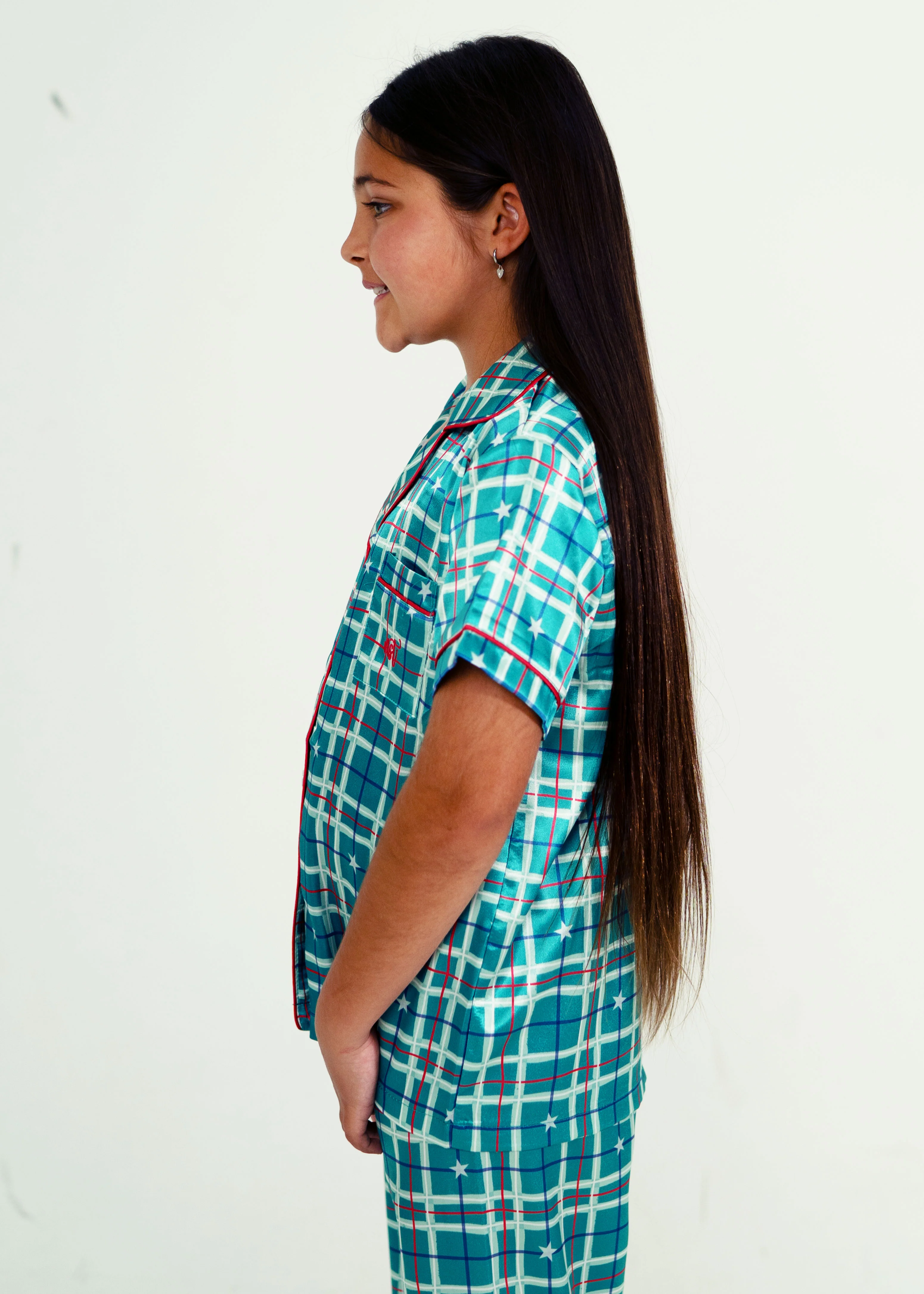 Girls - Starry Tartan Green Satin Short Top/ Long Pants Pyjama Set - Image 3