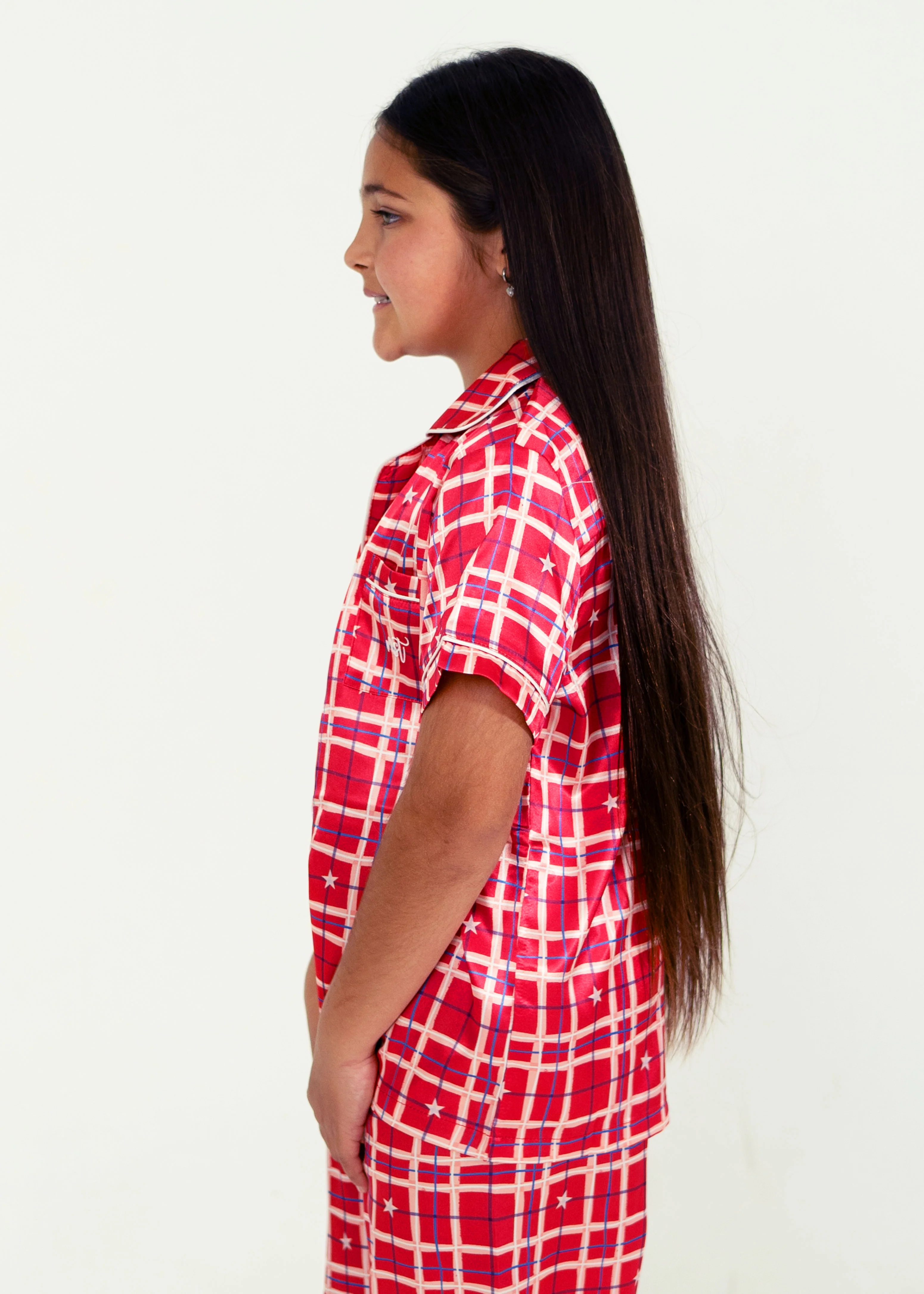 Girls - Starry Tartan Red Satin Short Top/ Long Pants Pyjama Set - Image 3