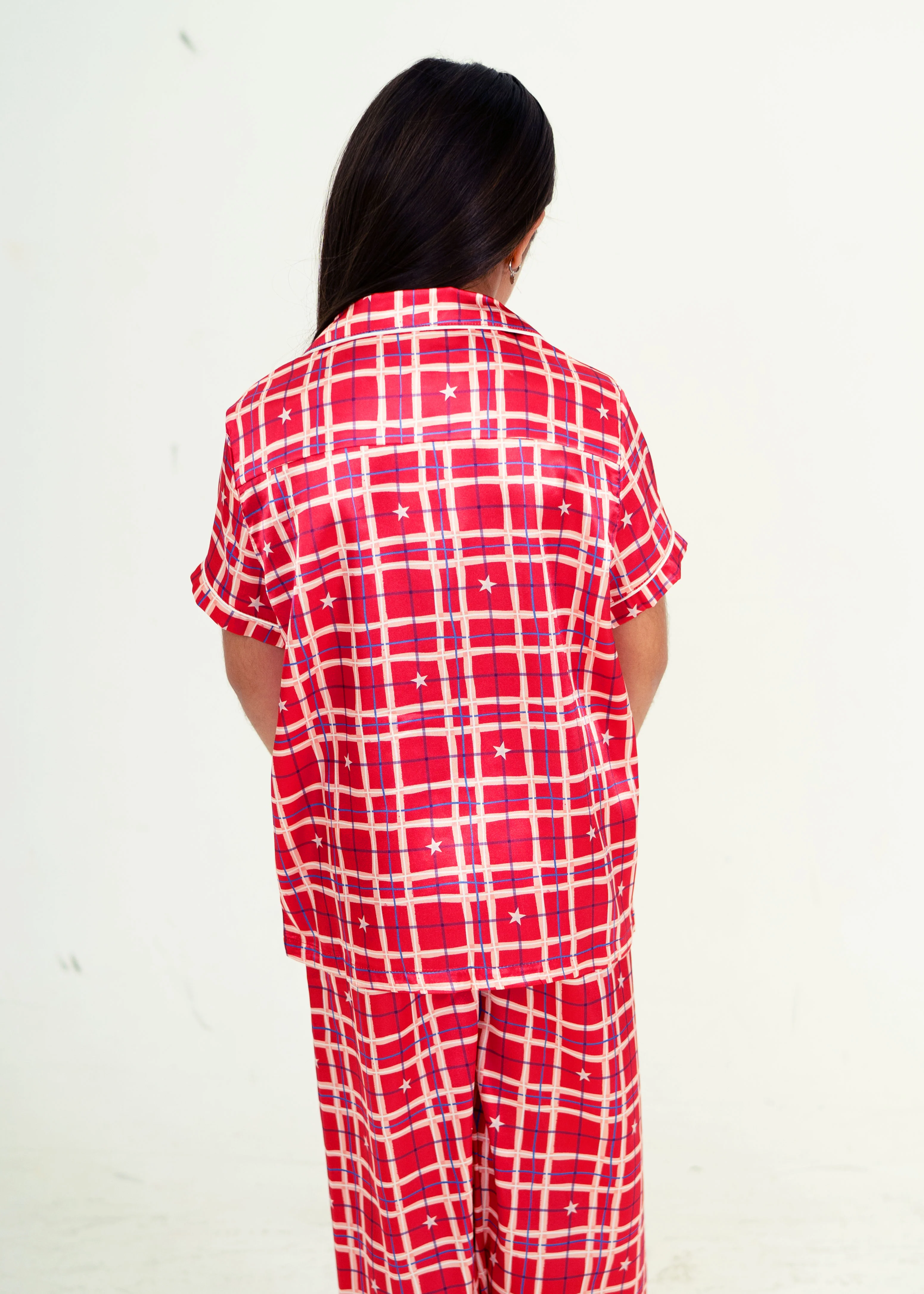 Girls - Starry Tartan Red Satin Short Top/ Long Pants Pyjama Set - Image 4