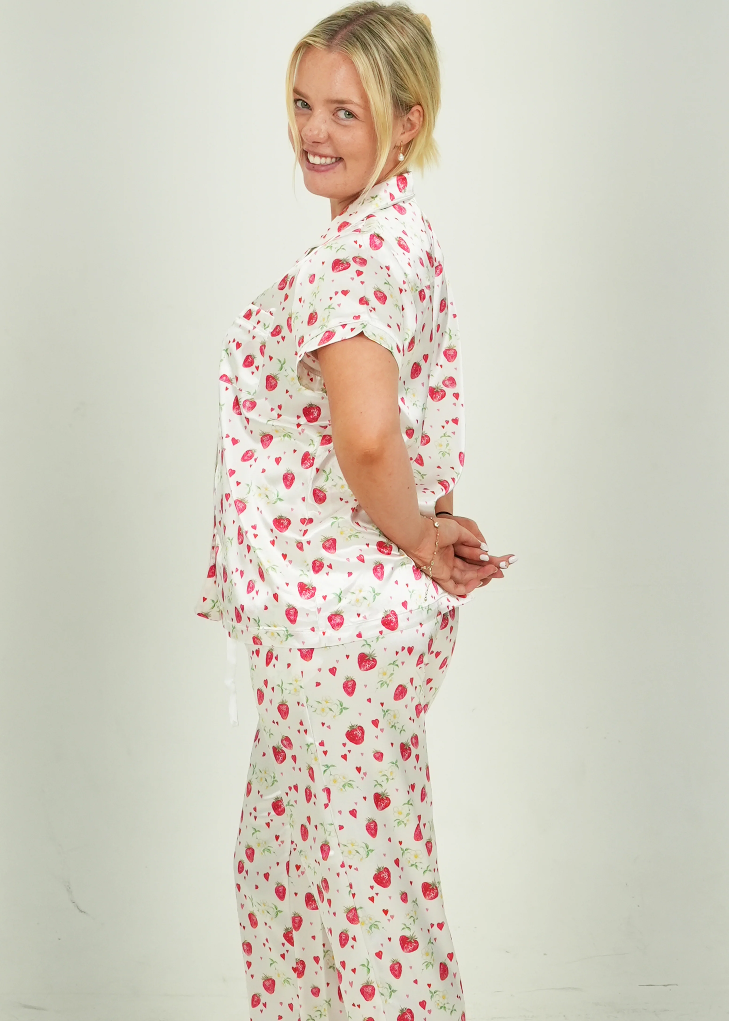 Girls - Strawberries Short Top / Long Pants Satin PJ Set - Image 2