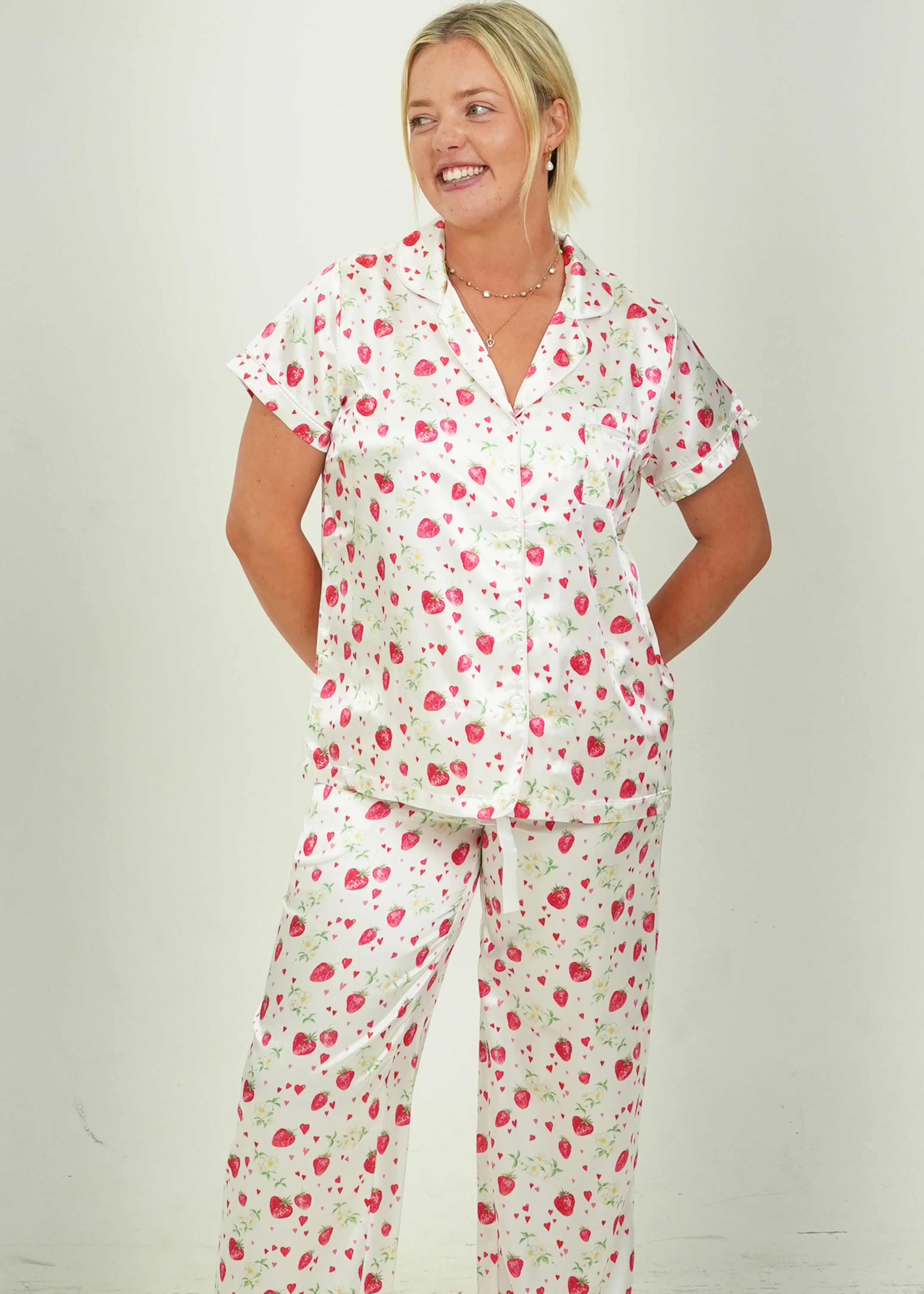 Girls - Strawberries Short Top / Long Pants Satin PJ Set - Image 4