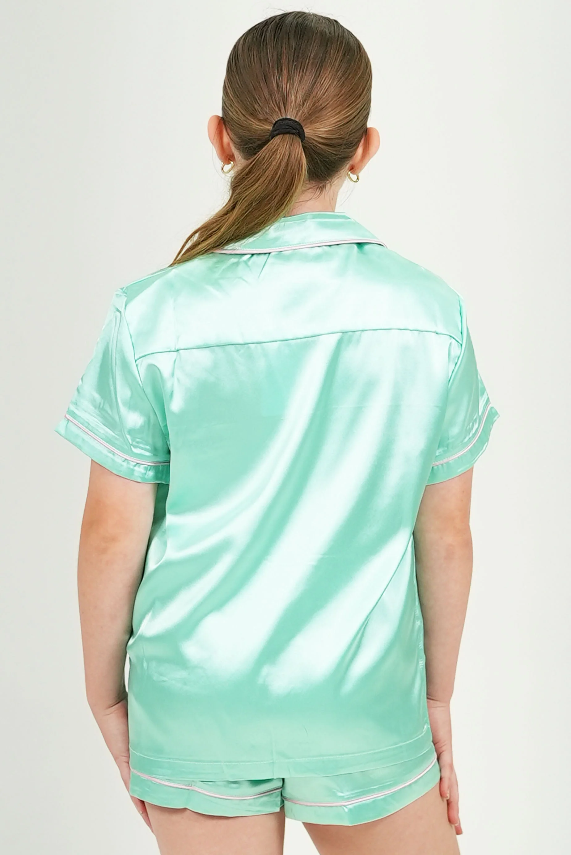 Girls Watermelon Green Satin Short Pajama Set - Image 3