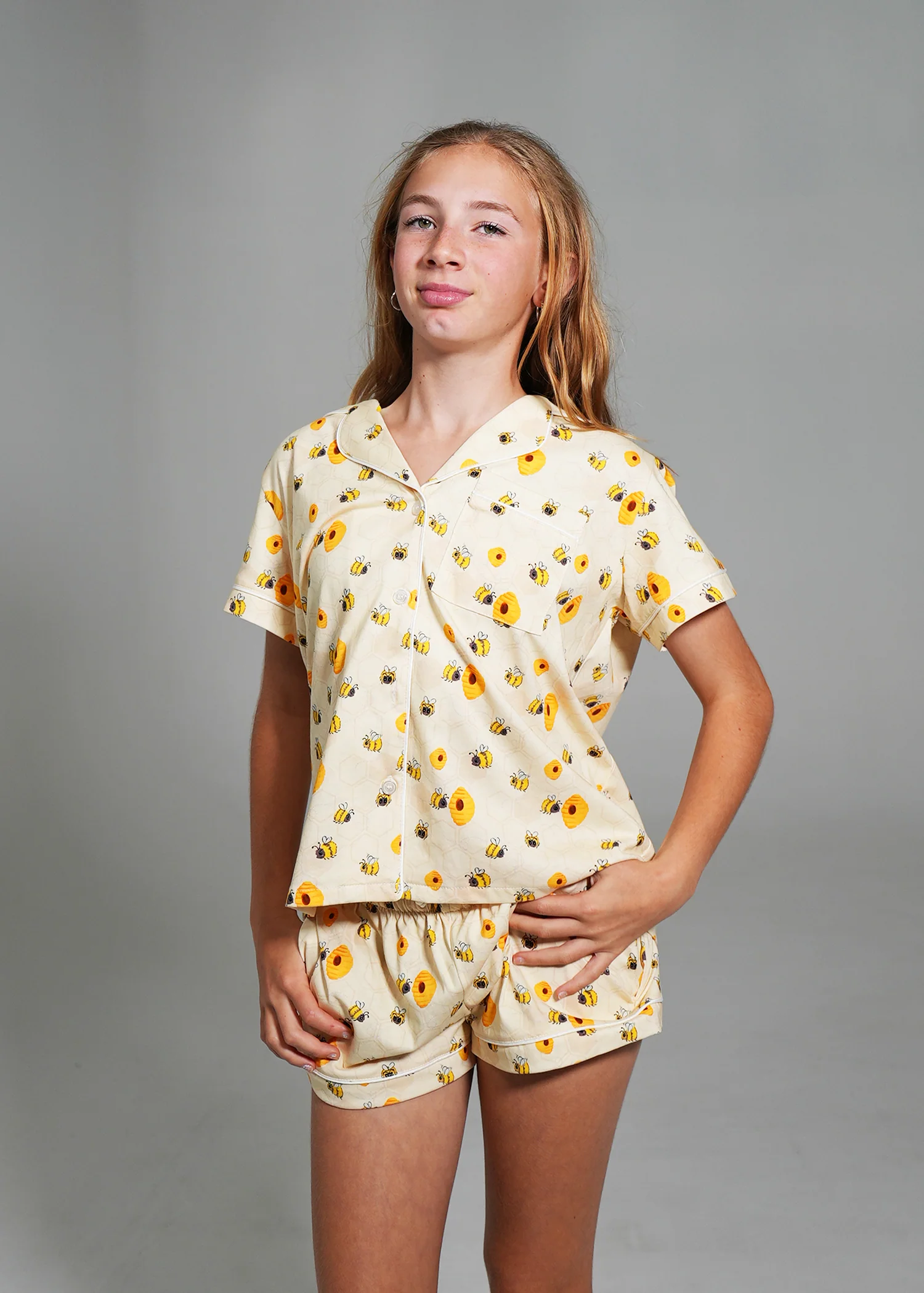 Girls - Yellow Bumble Bees Jersey Knit Cotton Short PJ Set - Image 5