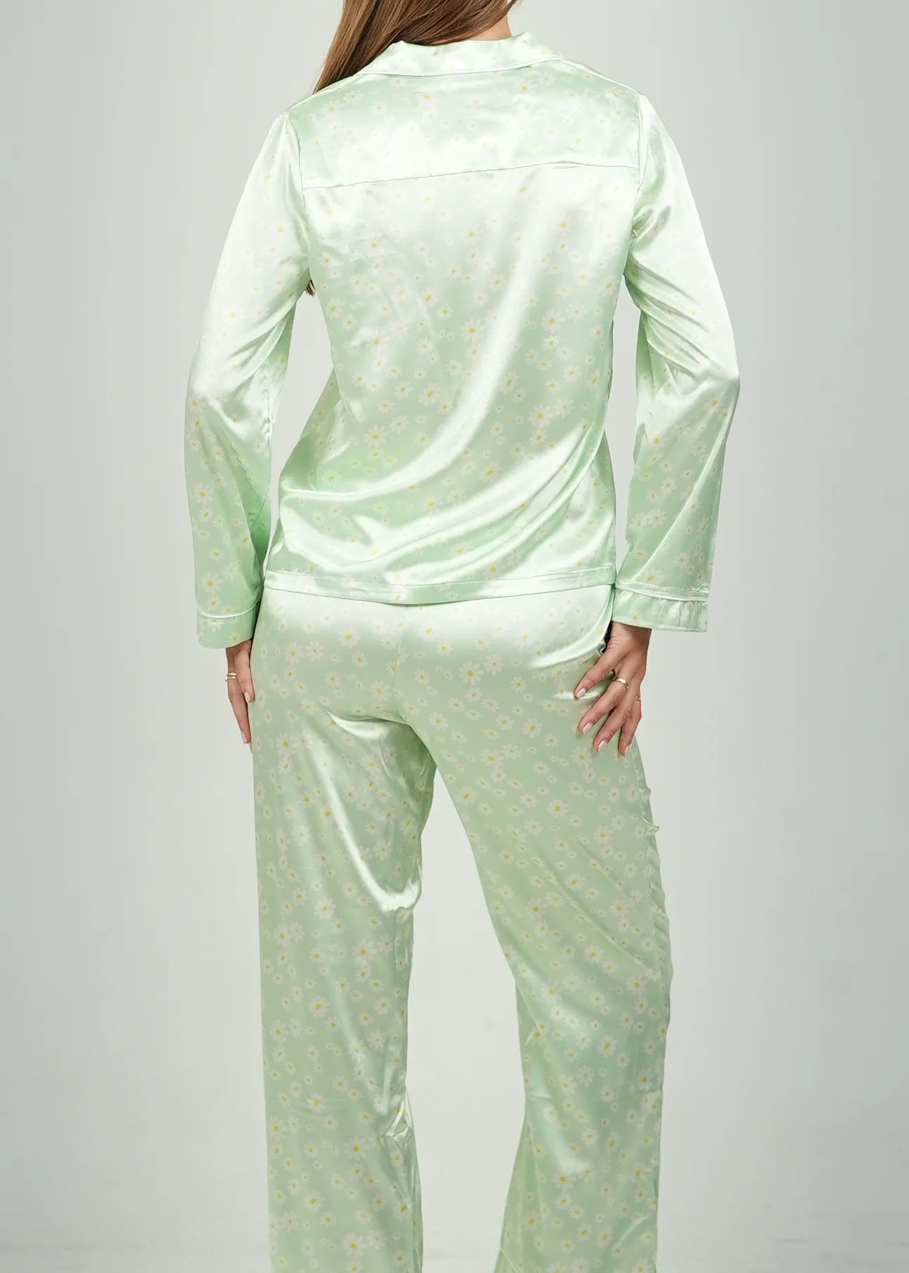 Green Daisy Satin Long Pajama Set - Image 3