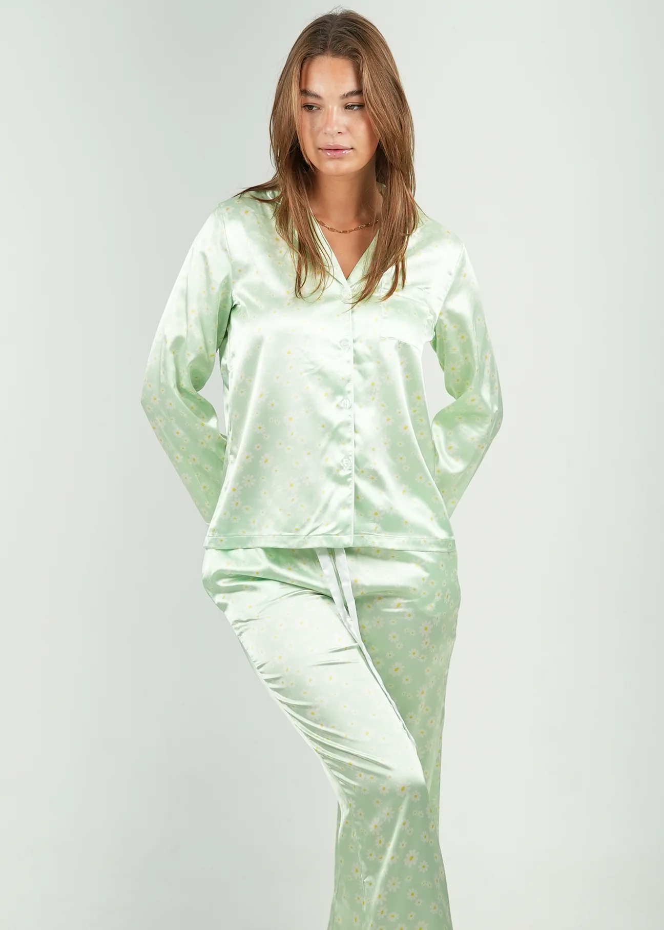 Green Daisy Satin Long Pajama Set - Image 4
