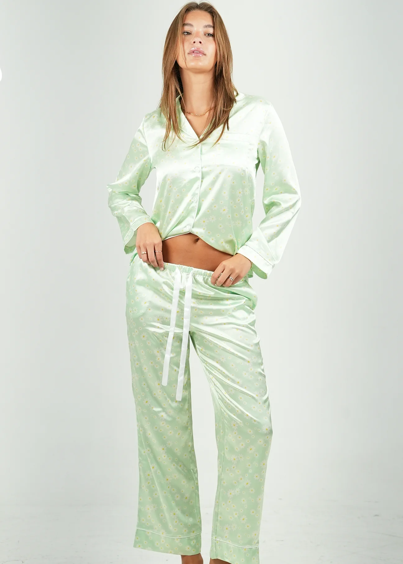Green Daisy Satin Long Pajama Set - Image 5