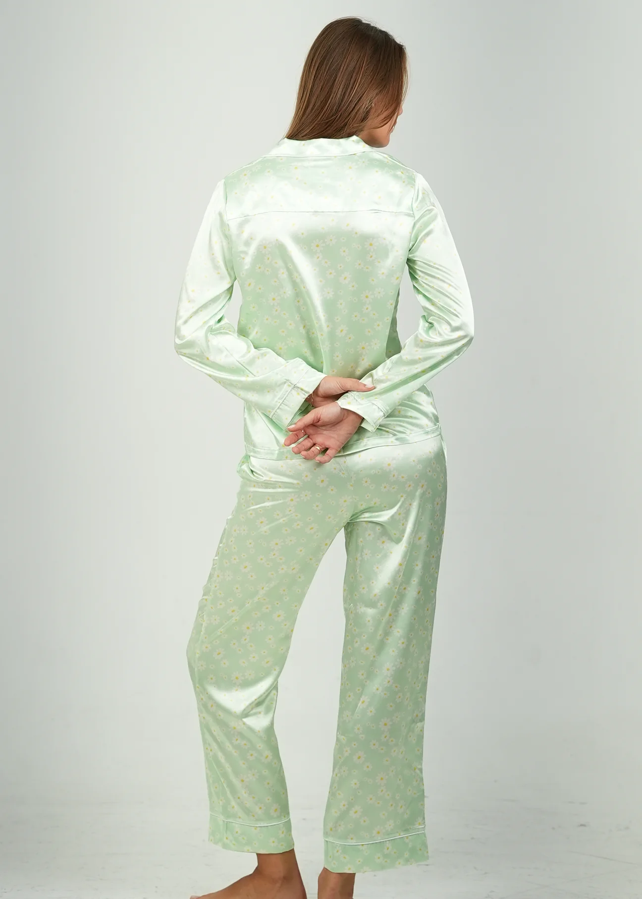 Green Daisy Satin Long Pajama Set - Image 6