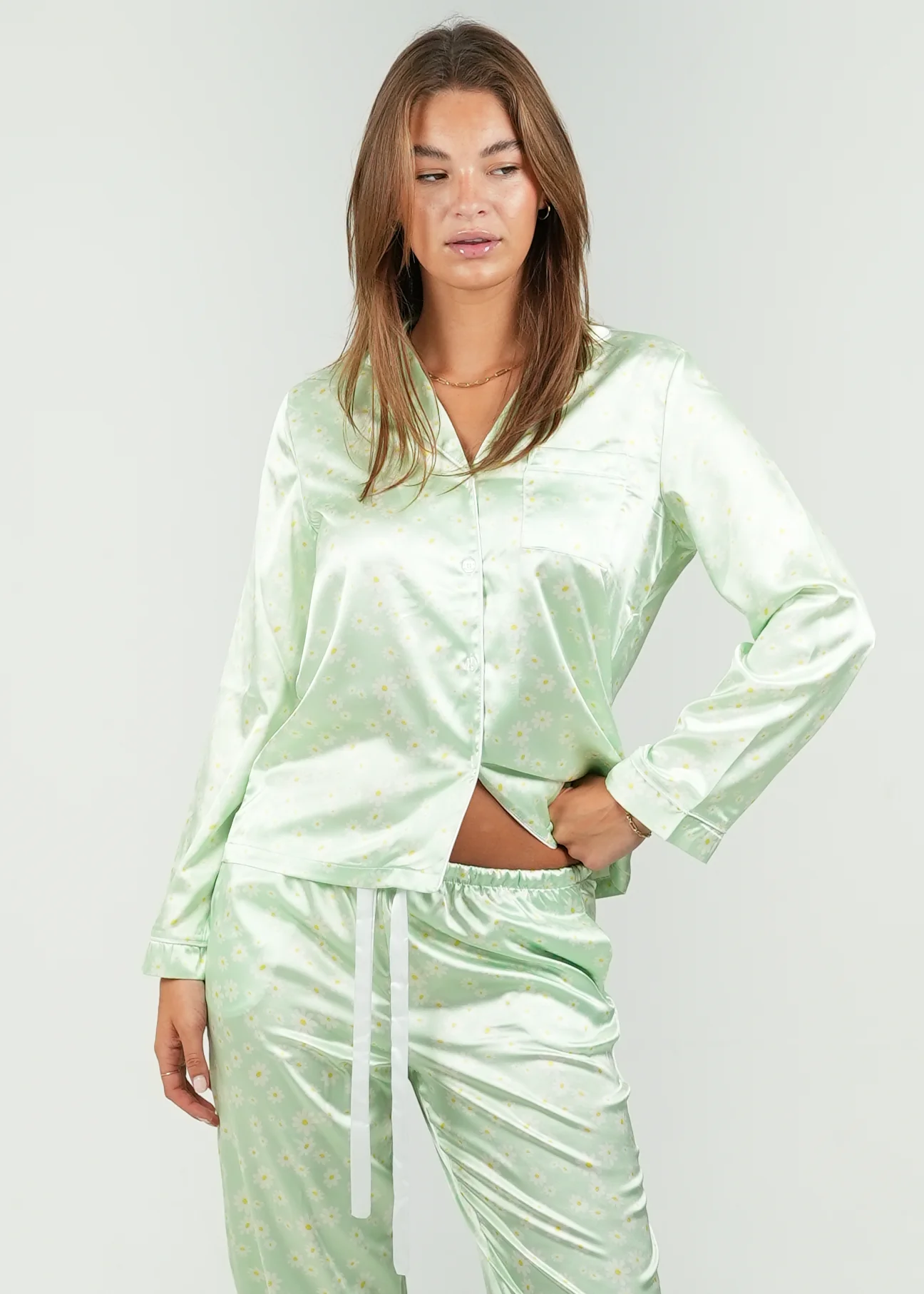 Green Daisy Satin Long Pajama Set - Image 7
