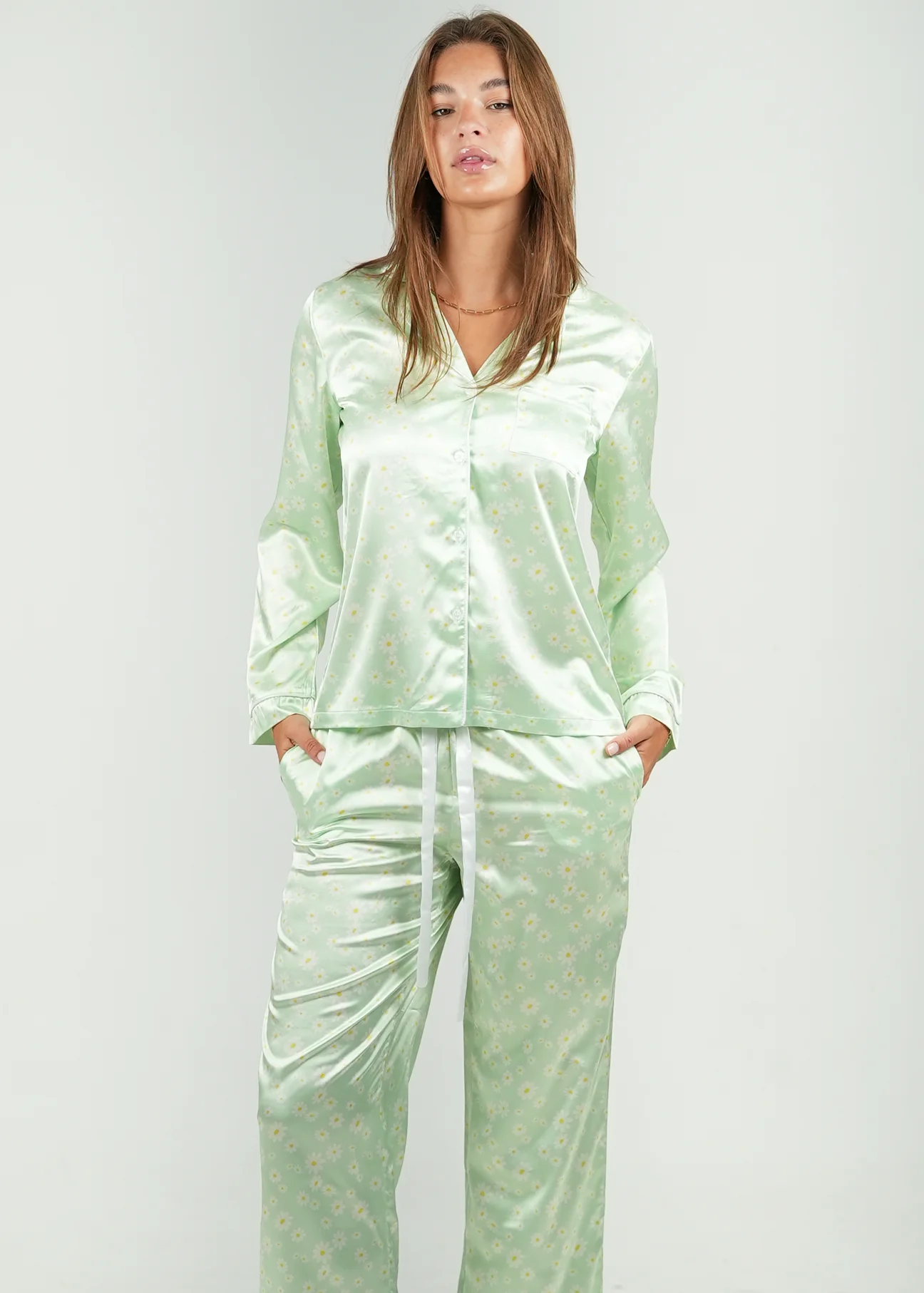 Green Daisy Satin Long Pajama Set - Image 8