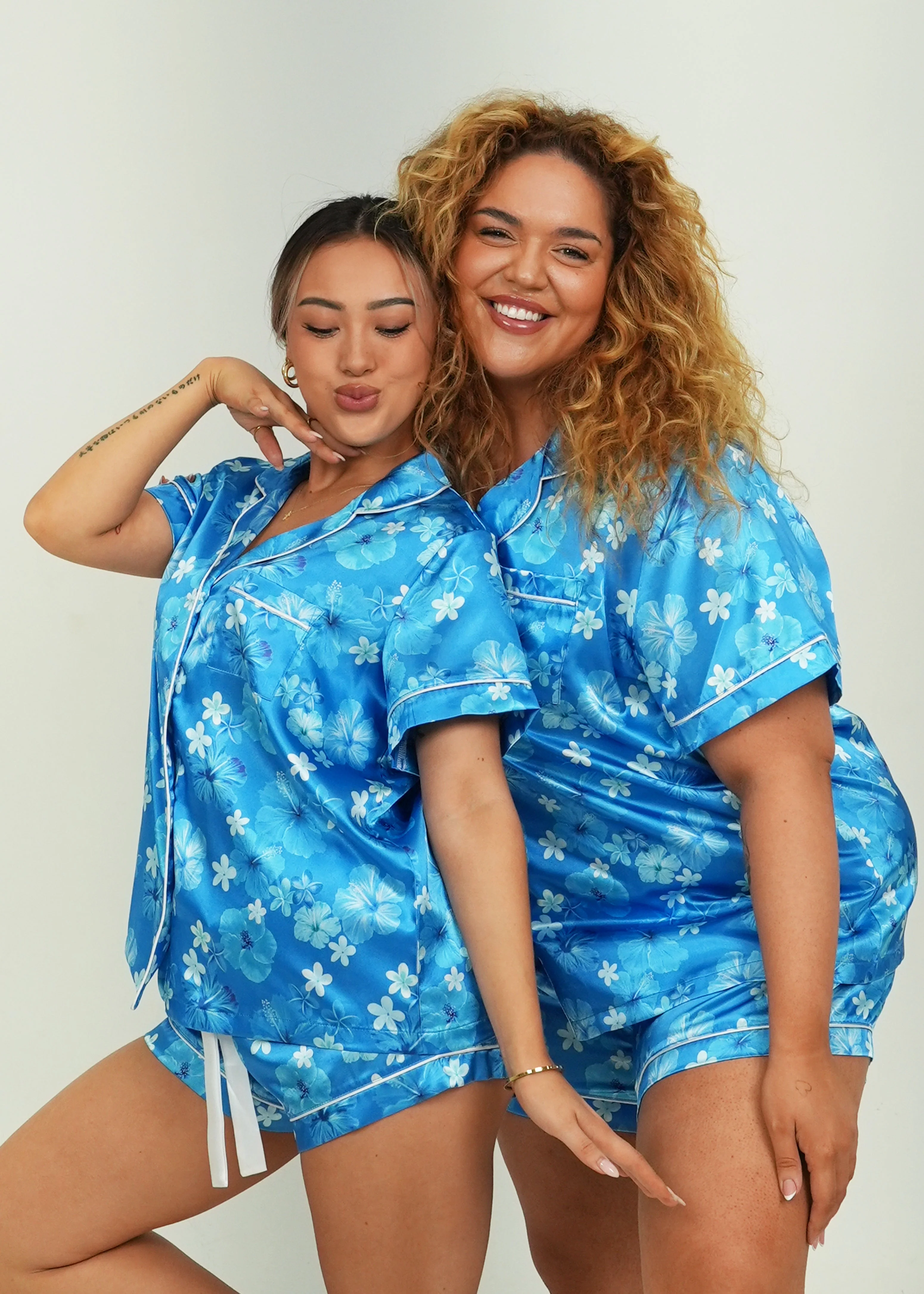 Hawaiian Daze - Blue Short Satin PJ Set