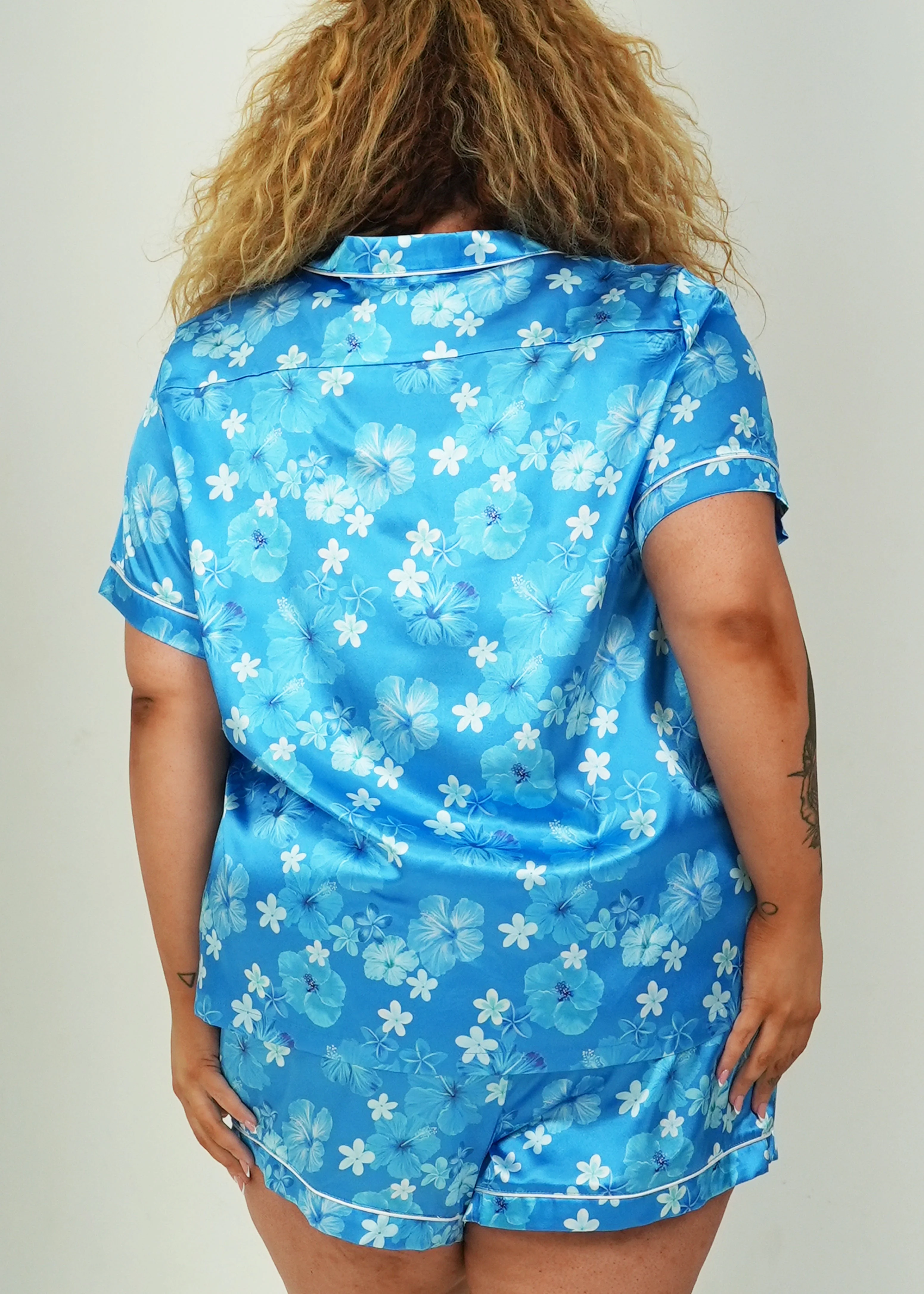 Hawaiian Daze - Blue Short Satin PJ Set - Image 10