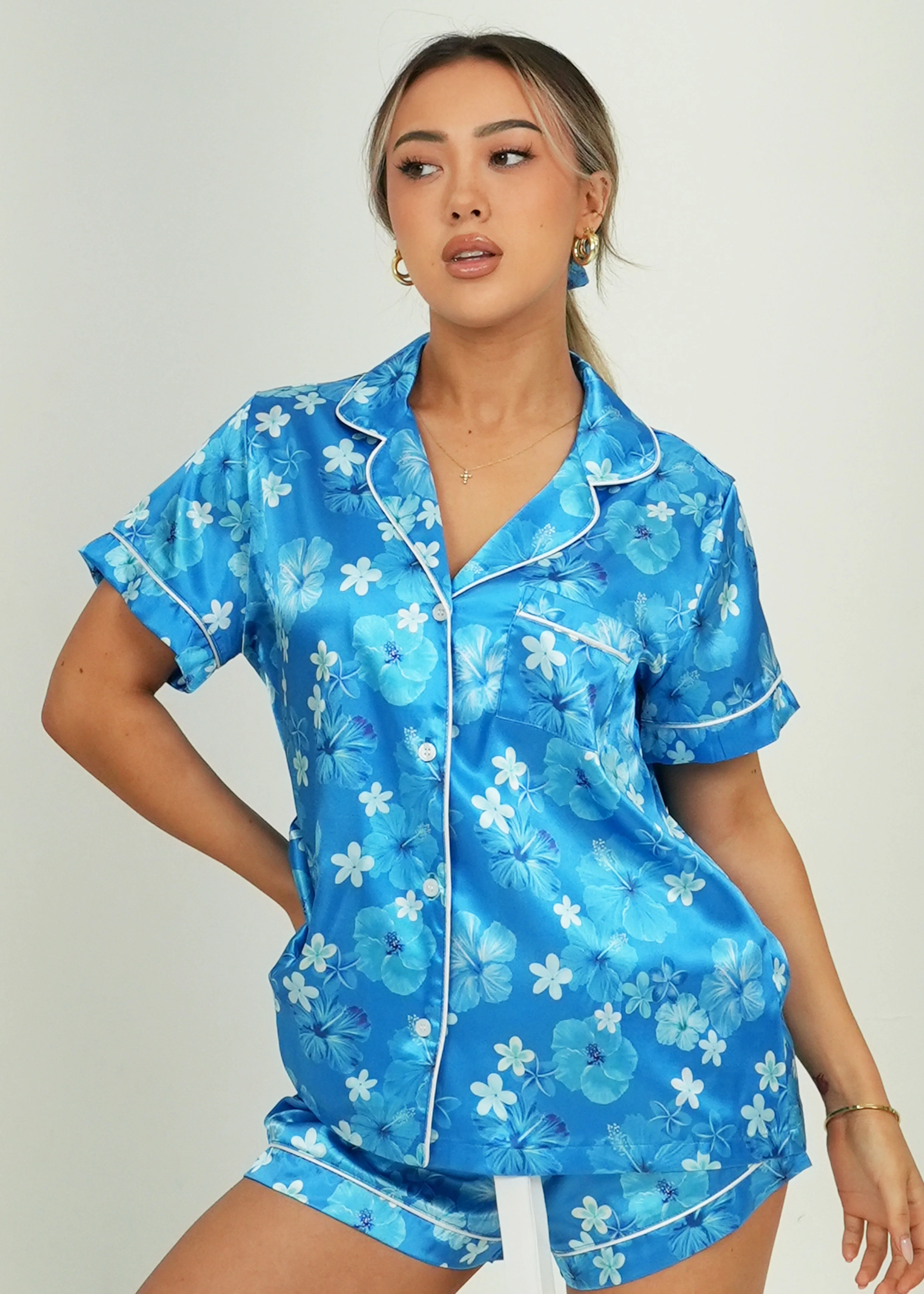 Hawaiian Daze - Blue Short Satin PJ Set - Image 2