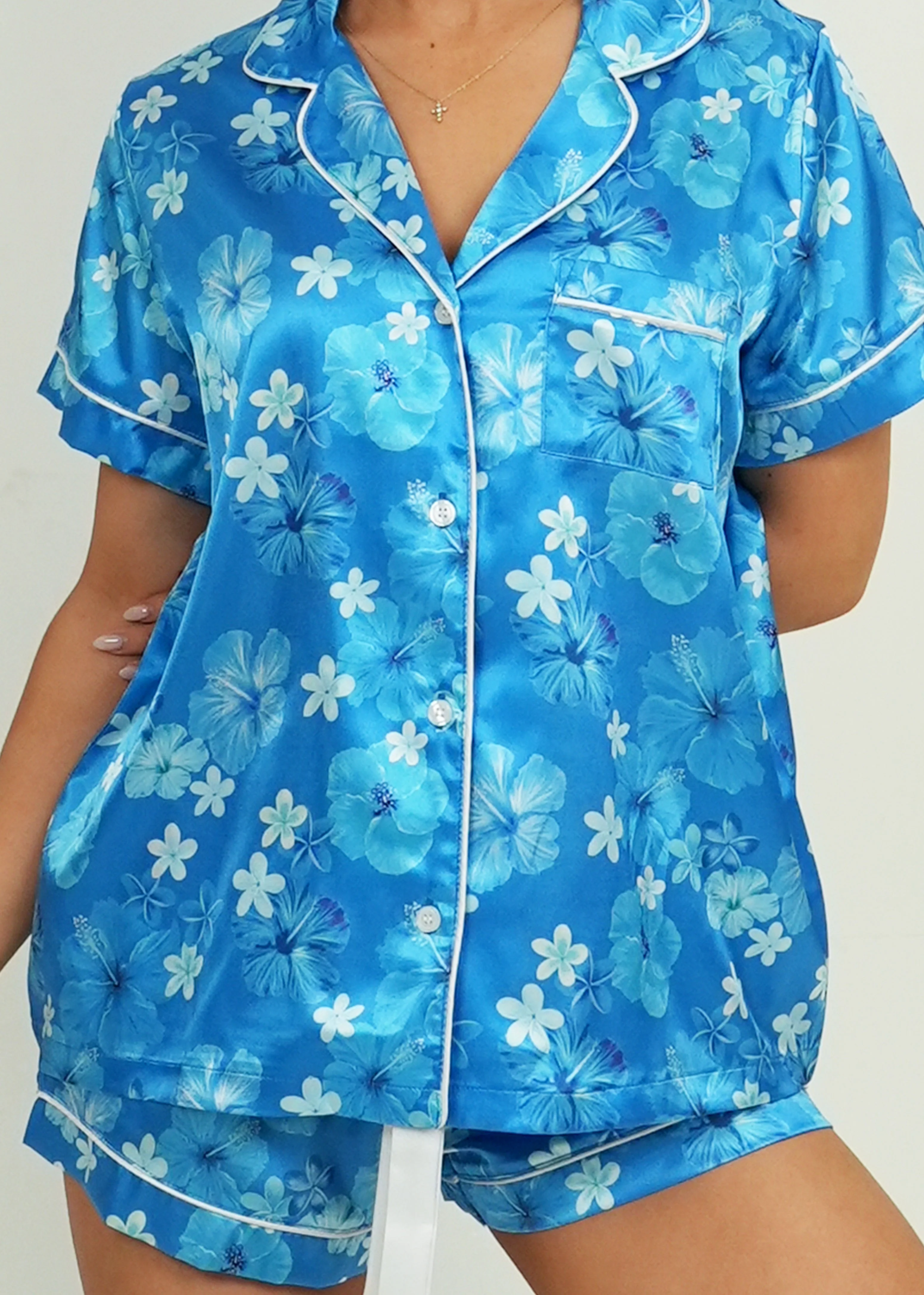 Hawaiian Daze - Blue Short Satin PJ Set - Image 3