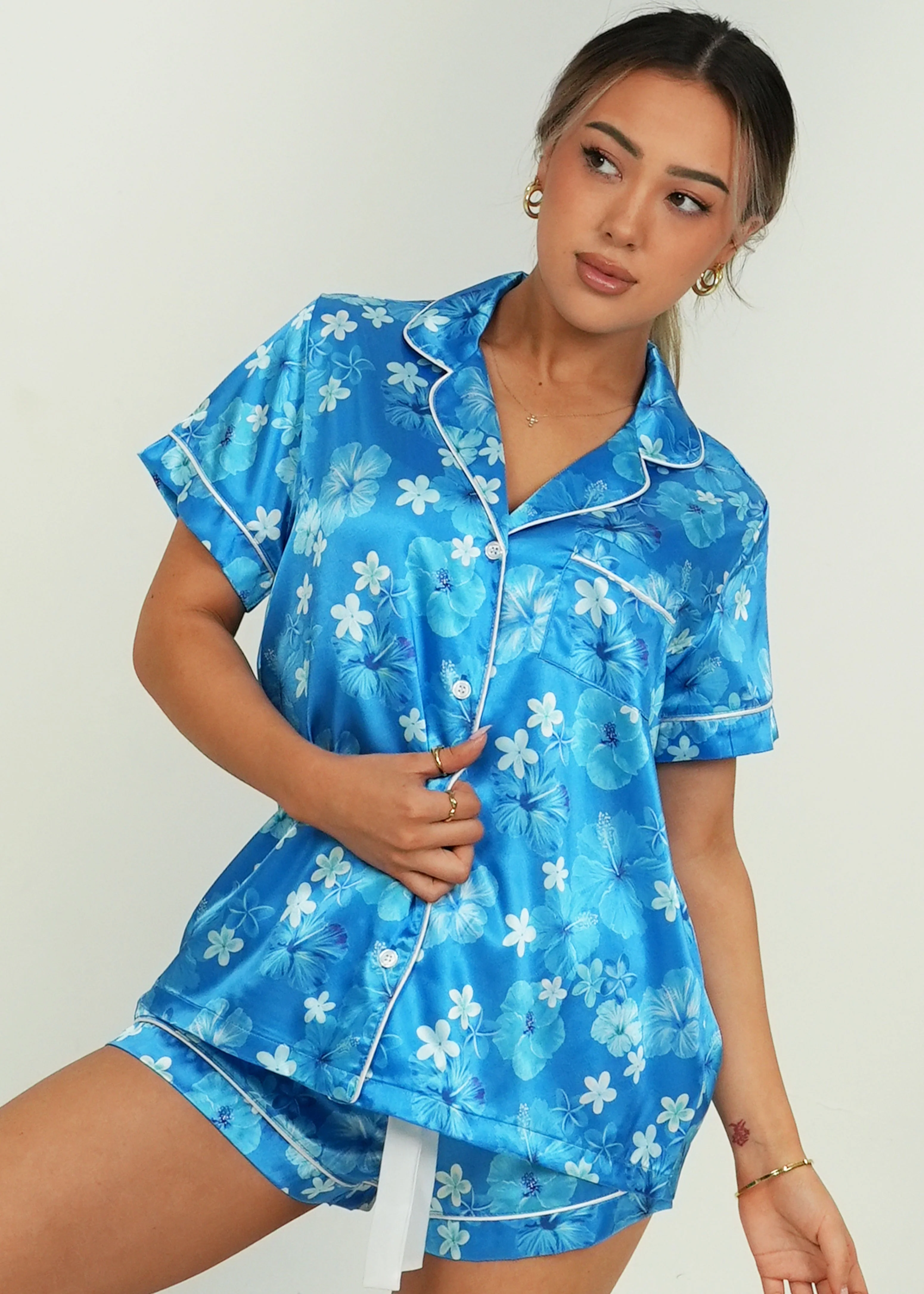Hawaiian Daze - Blue Short Satin PJ Set - Image 4