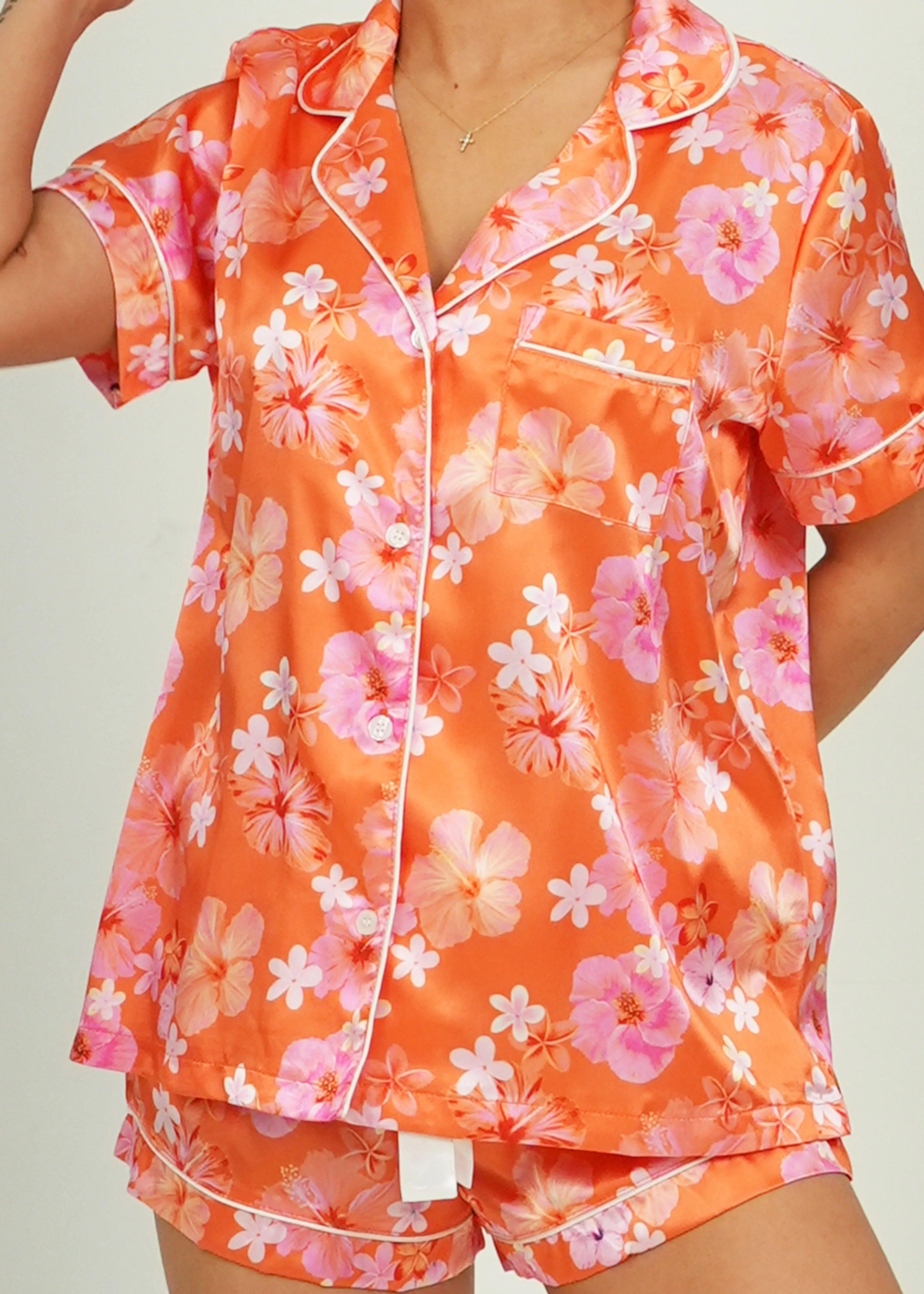 Hawaiian Daze - Orange Short Satin PJ Set