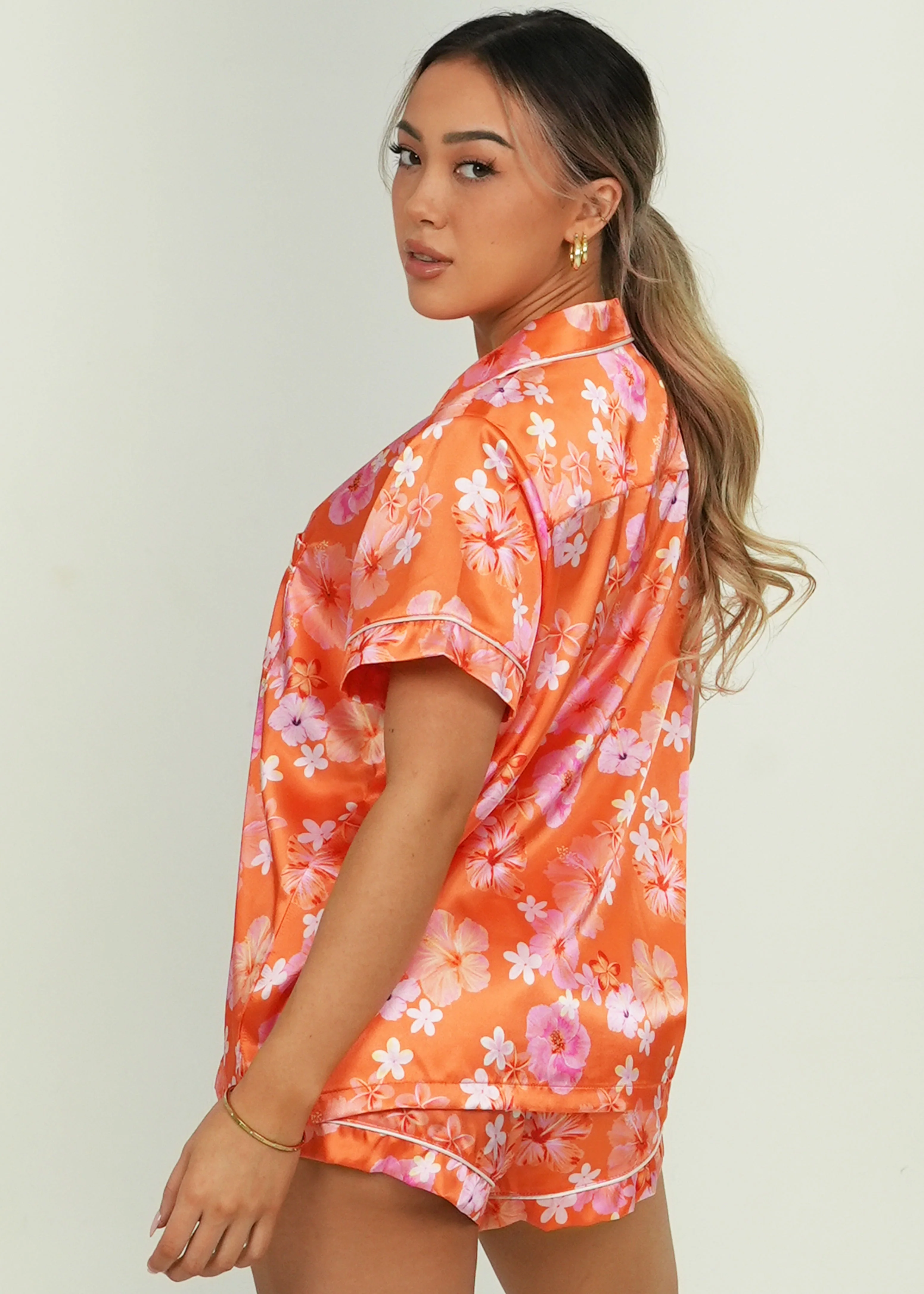 Hawaiian Daze - Orange Short Satin PJ Set - Image 3