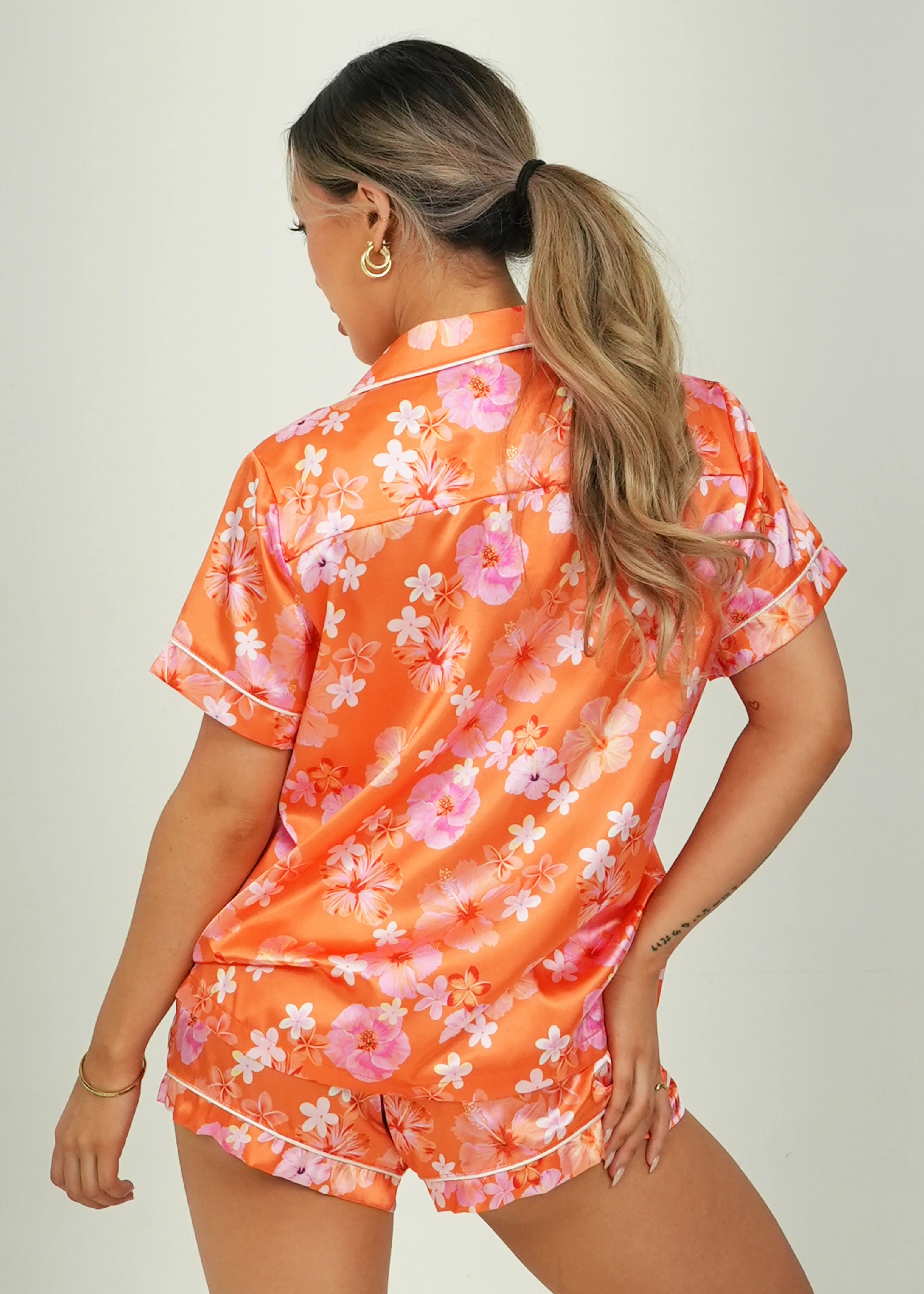 Hawaiian Daze - Orange Short Satin PJ Set - Image 9