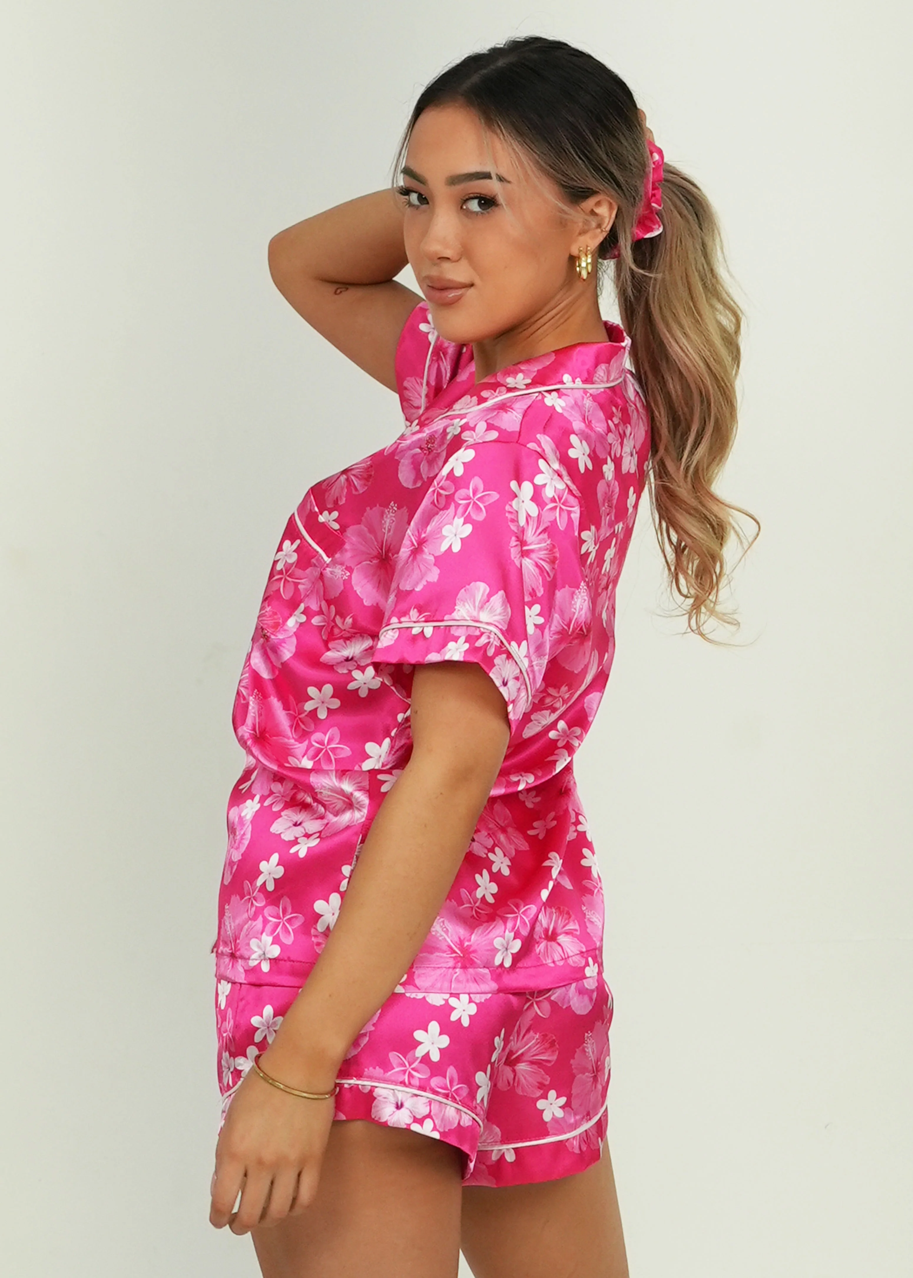 Hawaiian Daze - Pink Short Satin PJ Set