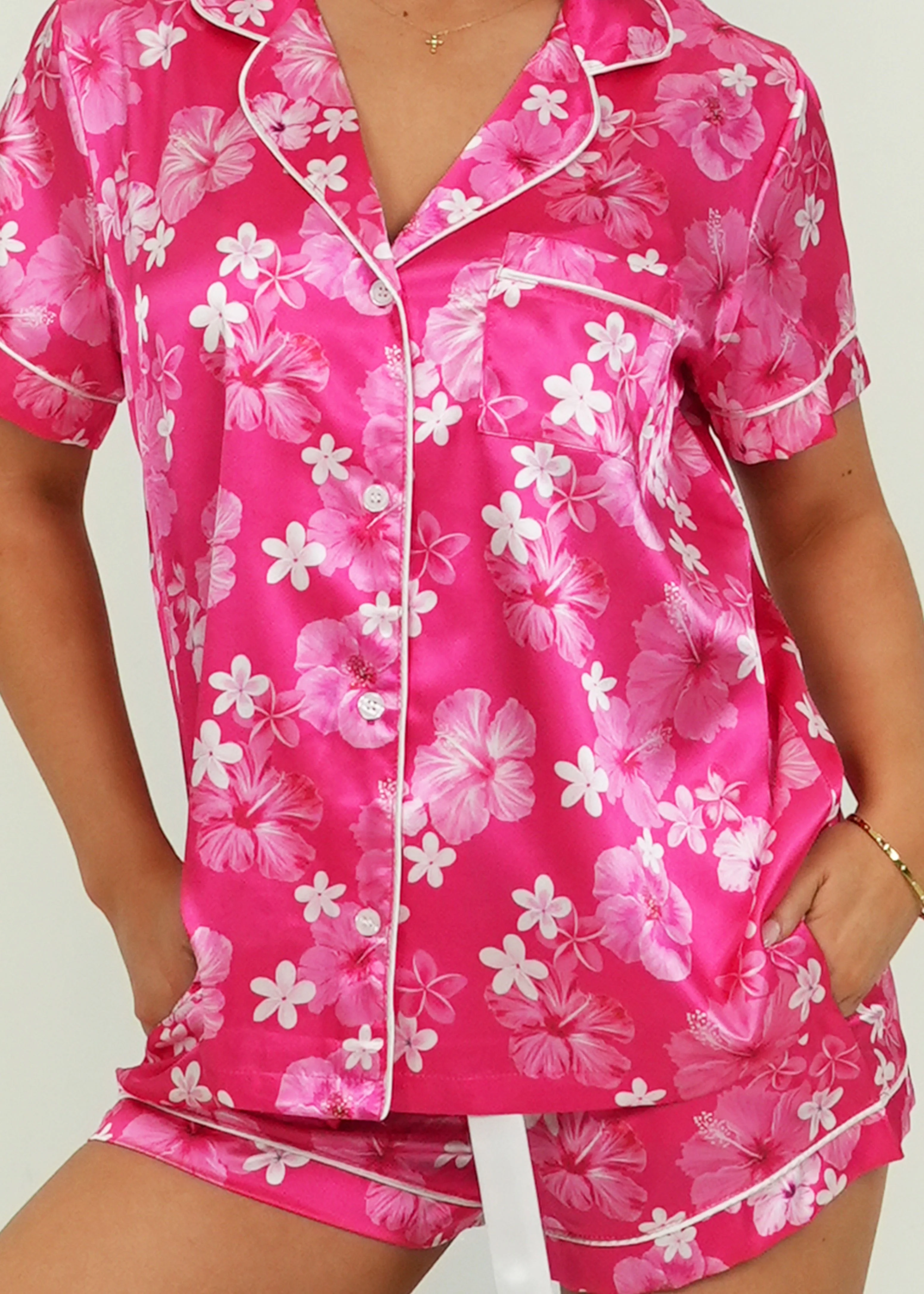 Hawaiian Daze - Pink Short Satin PJ Set - Image 2