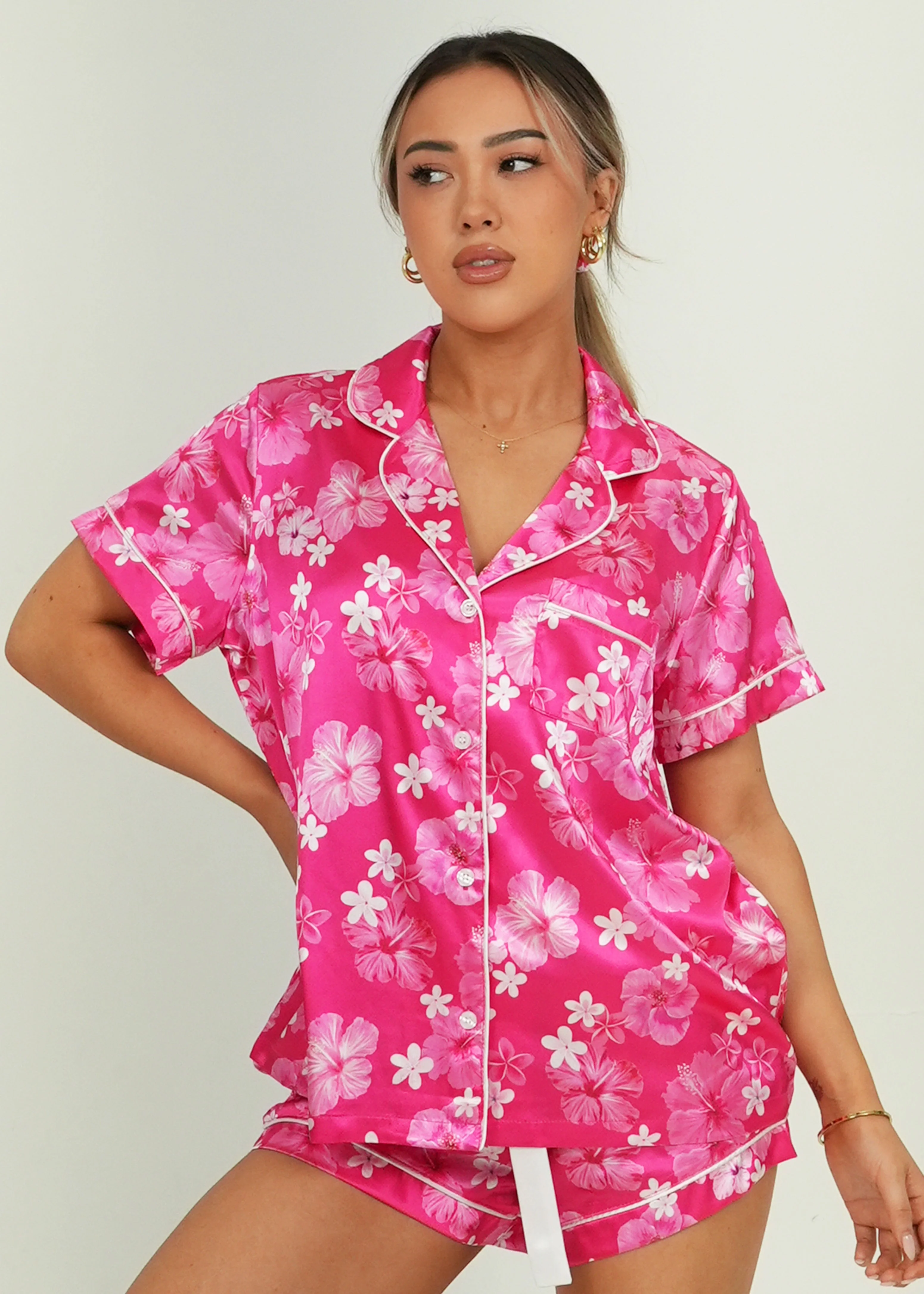 Hawaiian Daze - Pink Short Satin PJ Set - Image 6