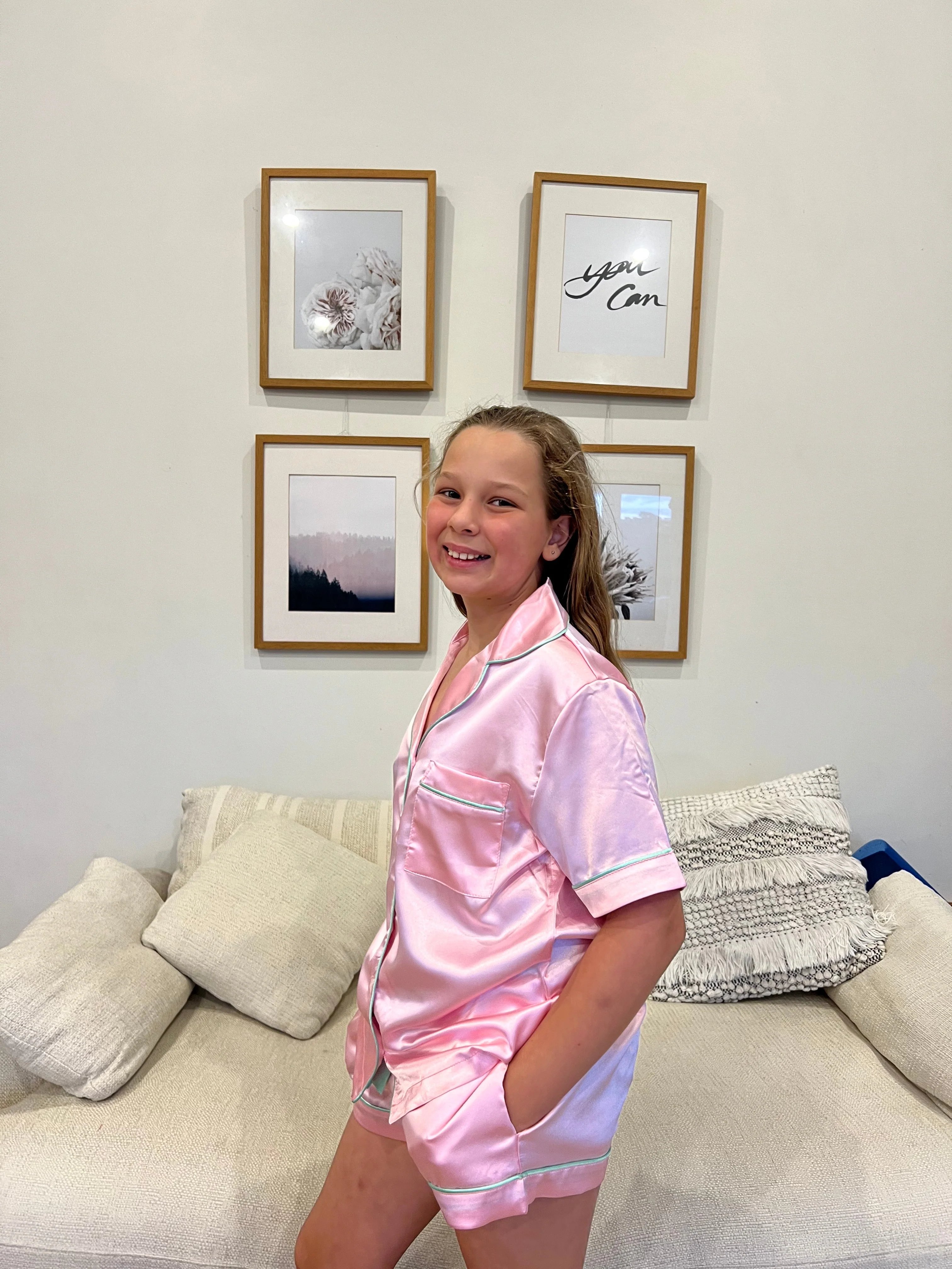 Girls Blush Pink Satin Short Pajama Set - Image 3
