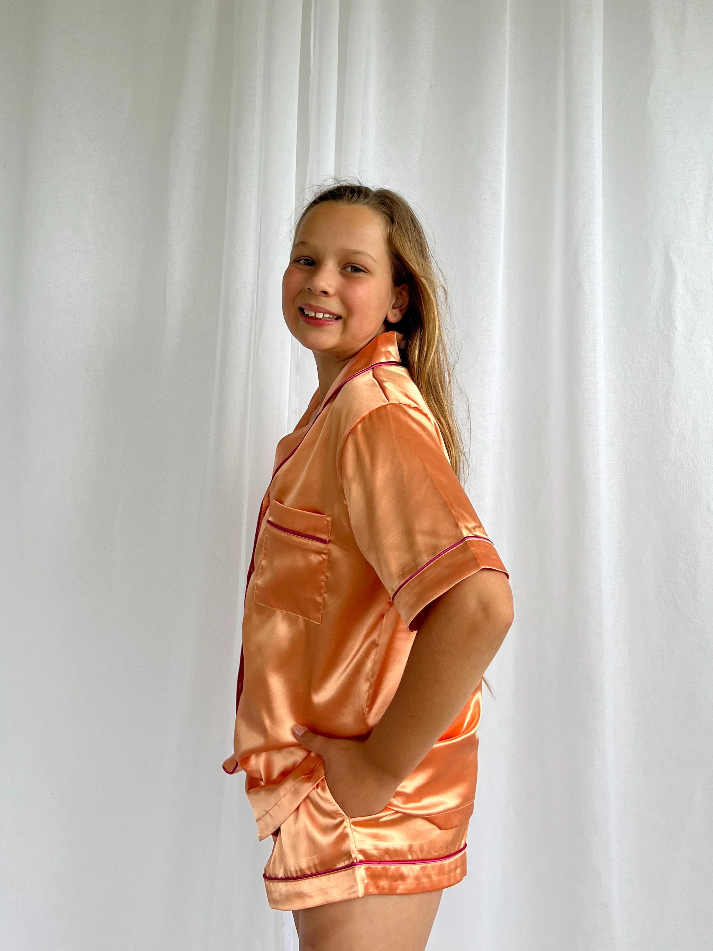 Girls Candy Orange Satin Short Pajama Set - Image 3