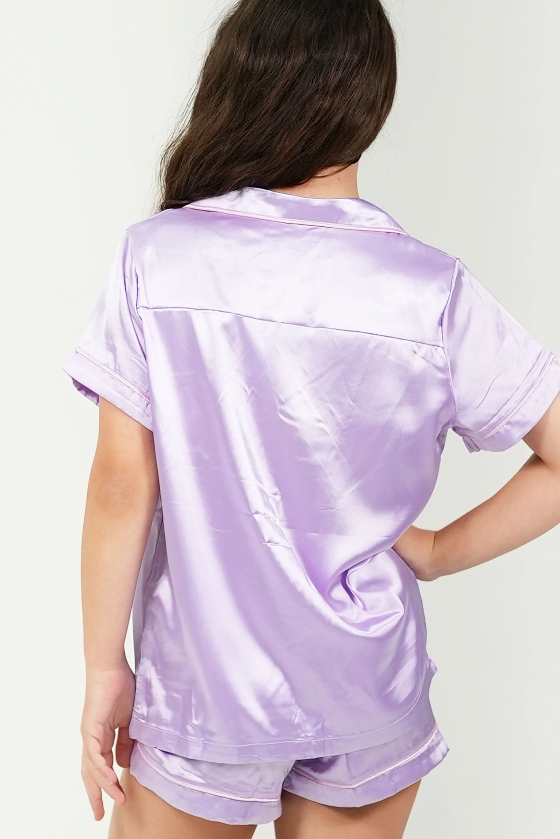 Girls Lilac Satin Short Pajama Set - Image 3